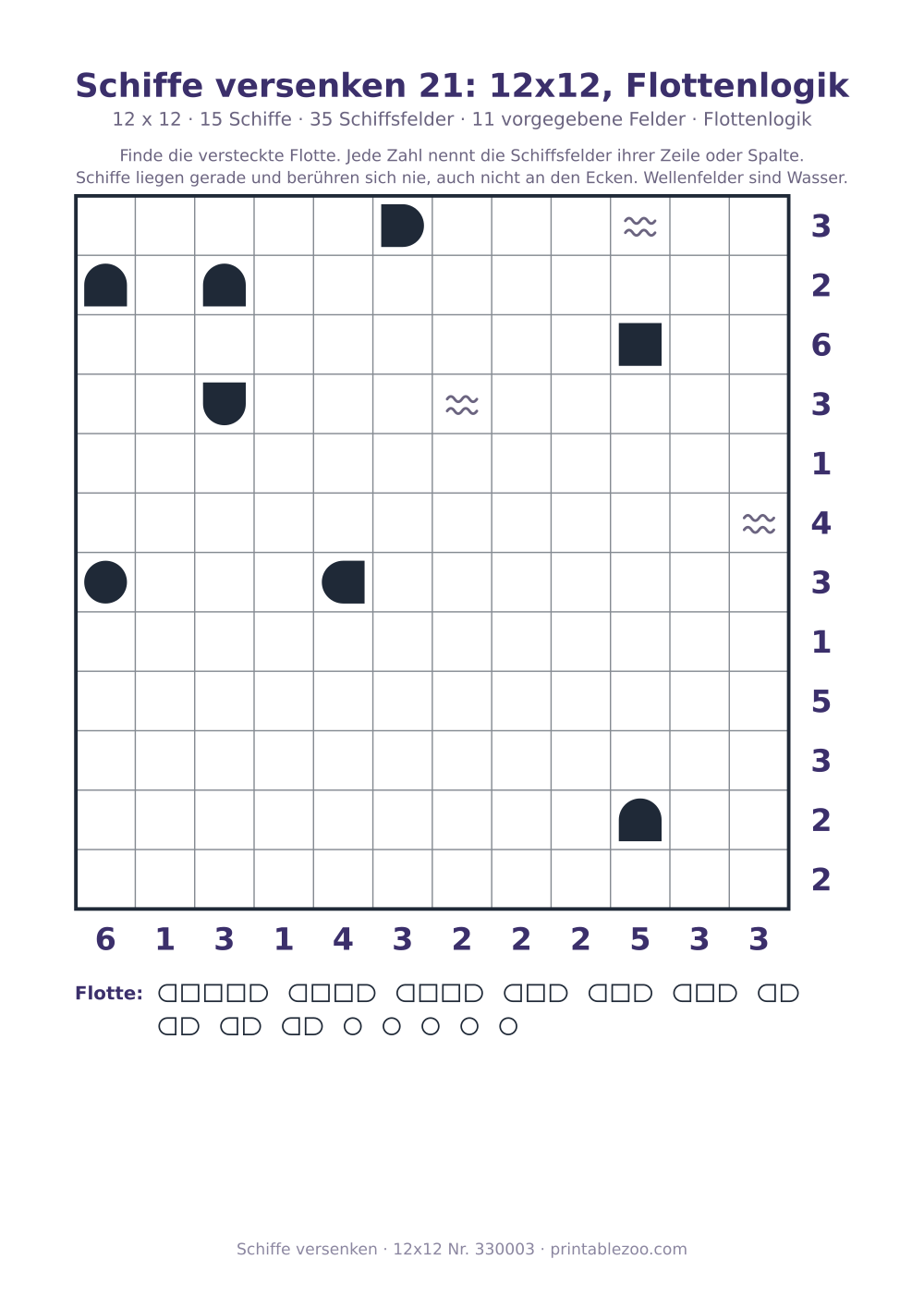 Schiffe-versenken-Rätsel zum Ausdrucken, Raster 12x12 mit 15 Schiffen, 11 vorgegebene Felder, Rätsel 330003