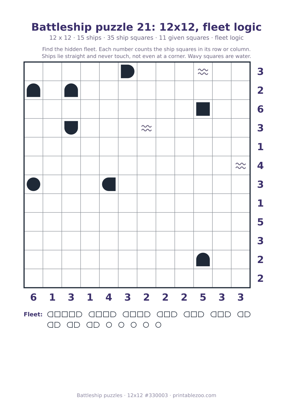 Printable battleship puzzle, 12x12 grid with 15 ships and 11 given squares, puzzle 330003