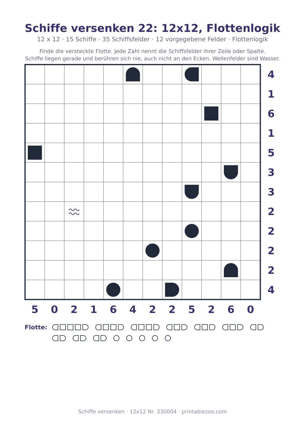 Schiffe-versenken-Rätsel zum Ausdrucken, Raster 12x12 mit 15 Schiffen, 12 vorgegebene Felder, Rätsel 330004