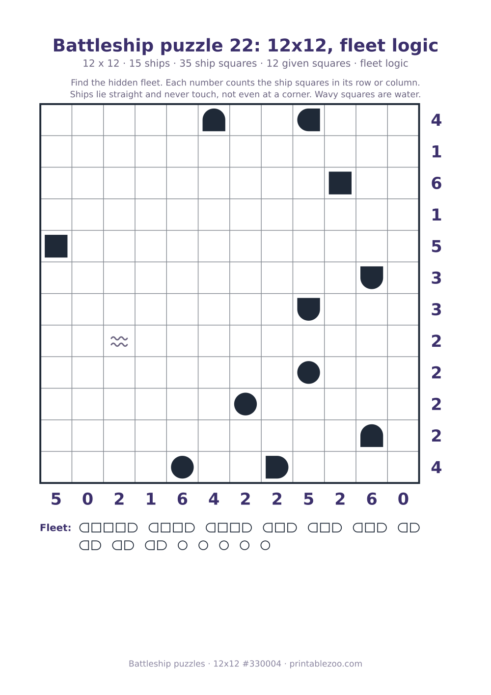 Printable battleship puzzle, 12x12 grid with 15 ships and 12 given squares, puzzle 330004