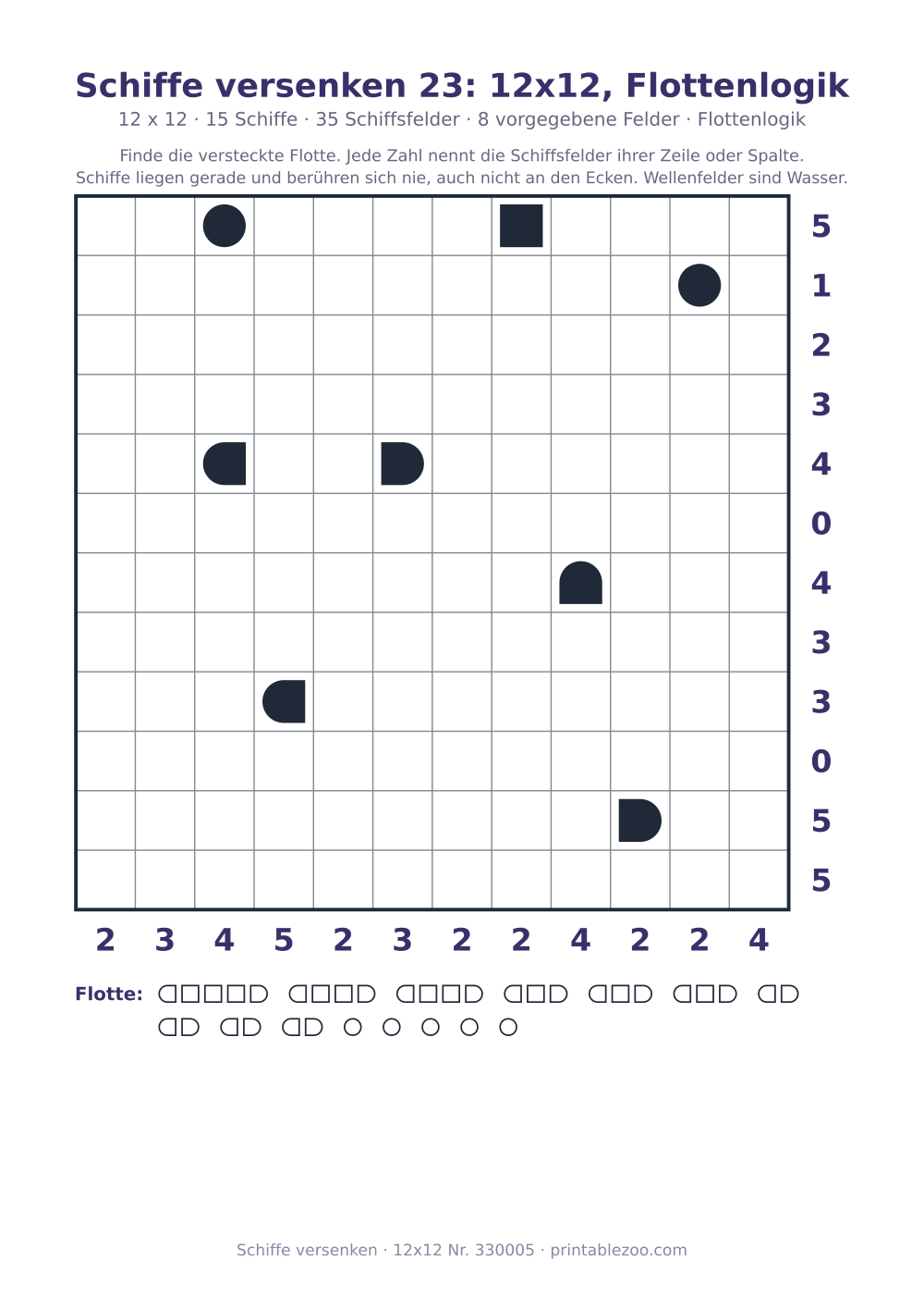 Schiffe-versenken-Rätsel zum Ausdrucken, Raster 12x12 mit 15 Schiffen, 8 vorgegebene Felder, Rätsel 330005