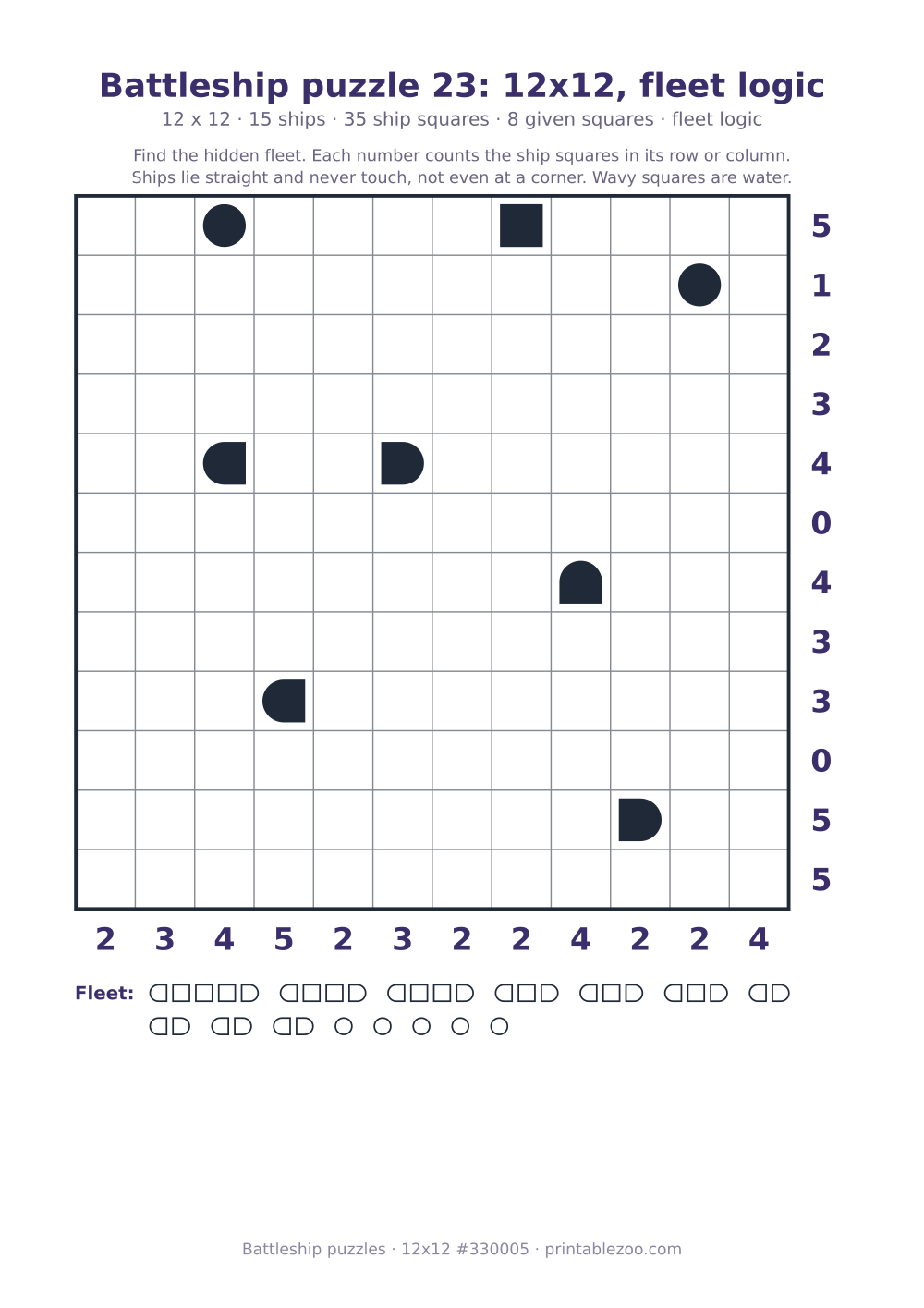 Printable battleship puzzle, 12x12 grid with 15 ships and 8 given squares, puzzle 330005