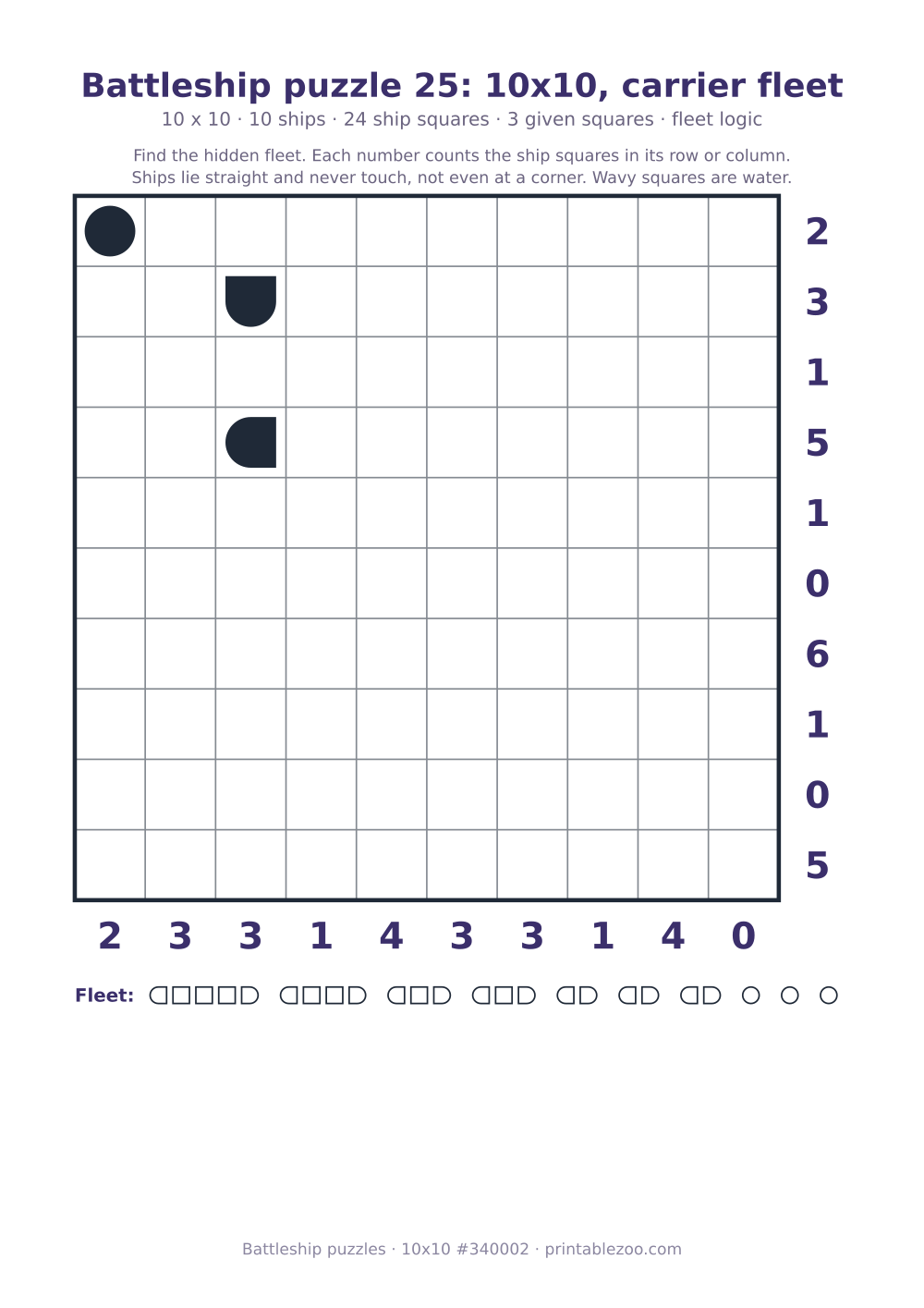 Printable battleship puzzle, 10x10 grid with 10 ships and 3 given squares, puzzle 340002