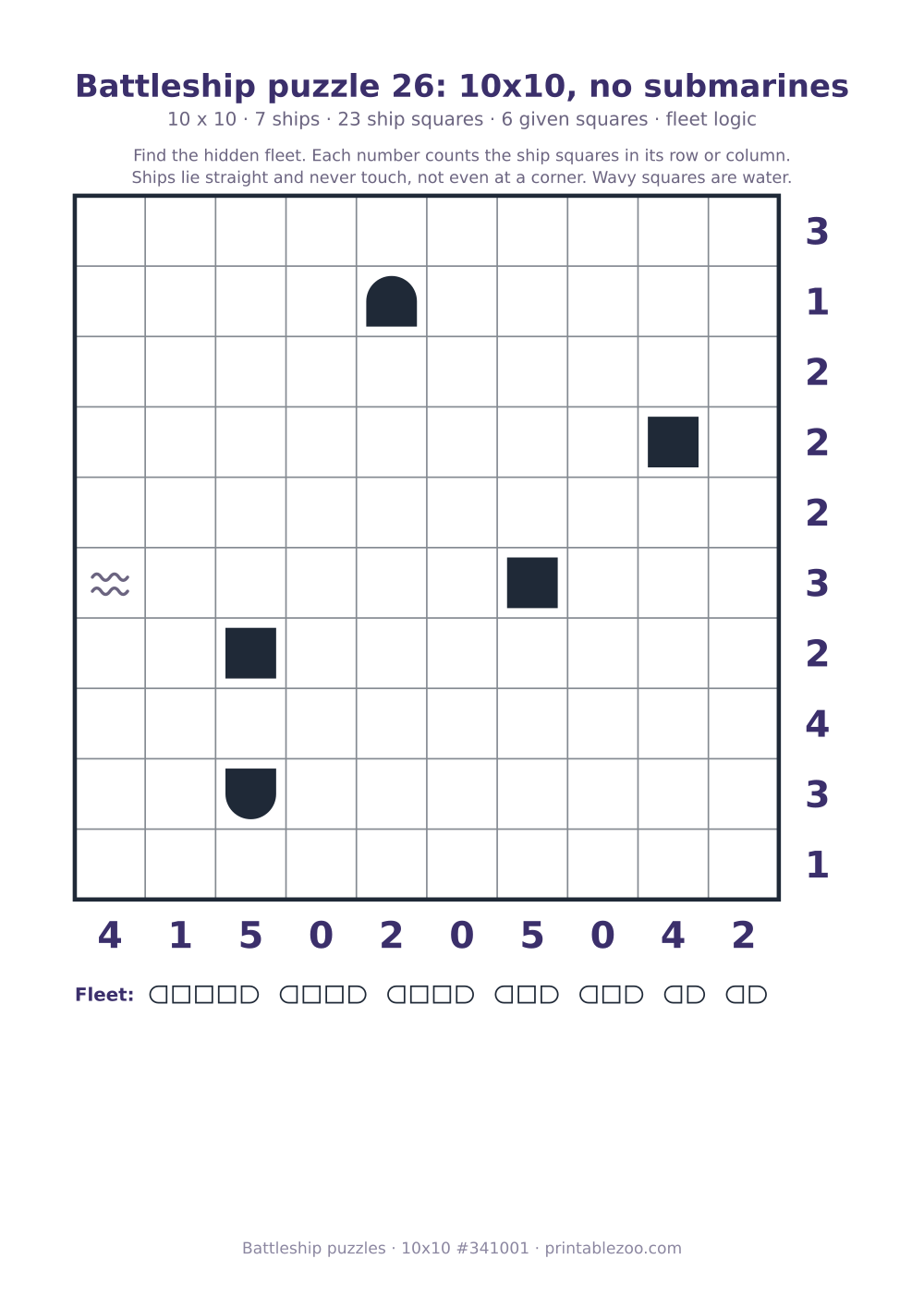 Printable battleship puzzle, 10x10 grid with 7 ships and 6 given squares, puzzle 341001