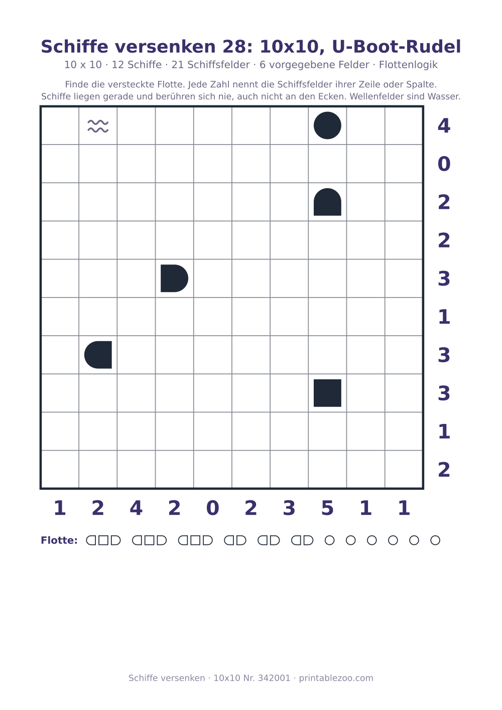 Schiffe-versenken-Rätsel zum Ausdrucken, Raster 10x10 mit 12 Schiffen, 6 vorgegebene Felder, Rätsel 342001