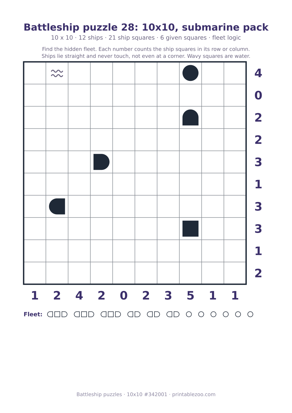 Printable battleship puzzle, 10x10 grid with 12 ships and 6 given squares, puzzle 342001
