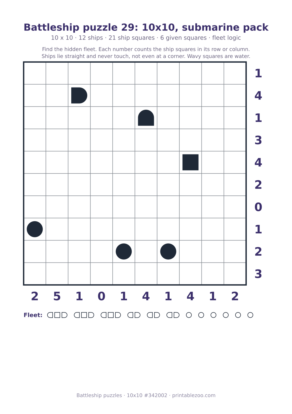 Printable battleship puzzle, 10x10 grid with 12 ships and 6 given squares, puzzle 342002
