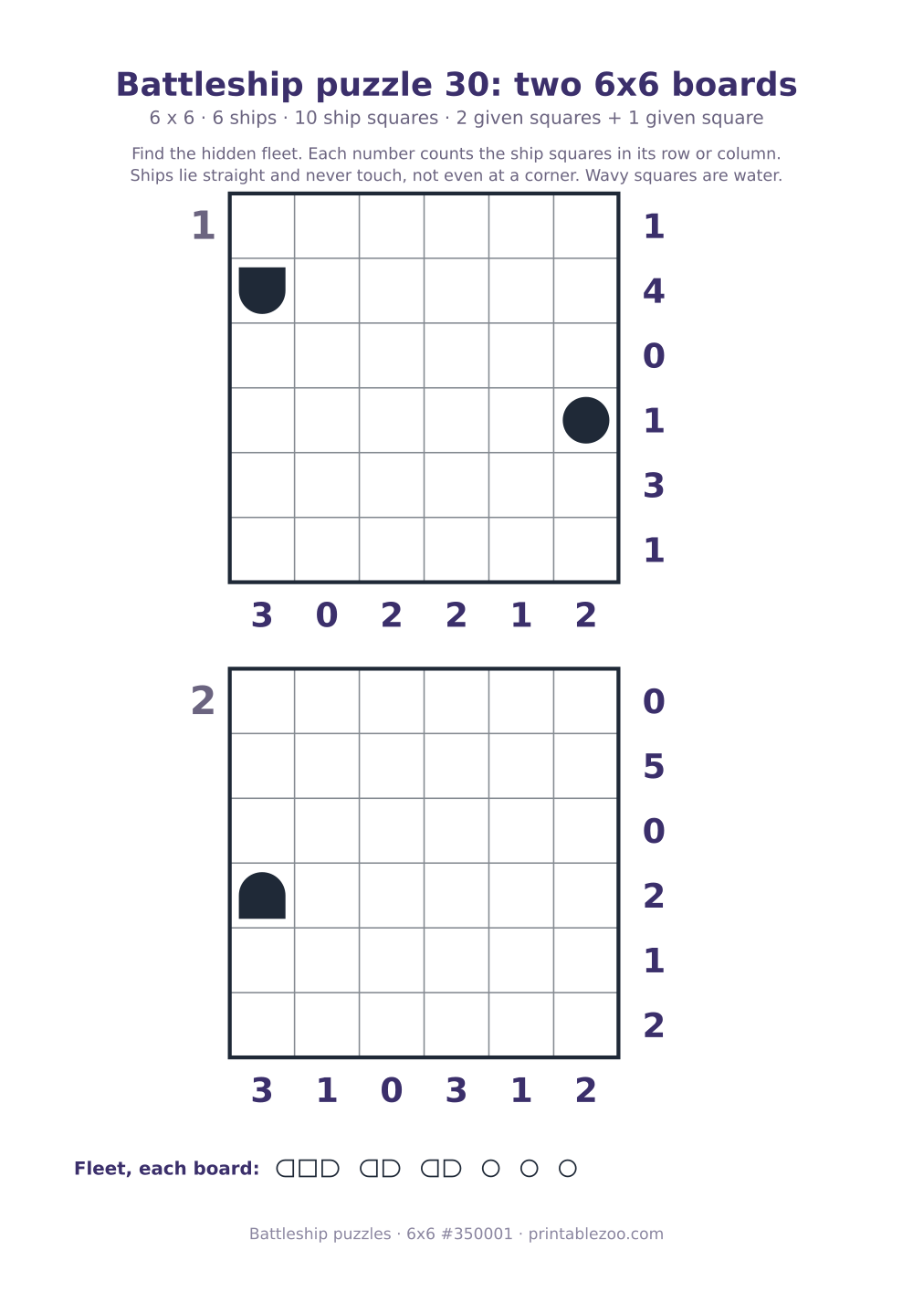 Printable battleship puzzle sheet with two 6x6 boards of 6 ships each, puzzle 350001
