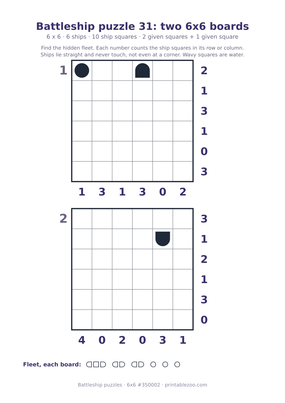 Printable battleship puzzle sheet with two 6x6 boards of 6 ships each, puzzle 350002