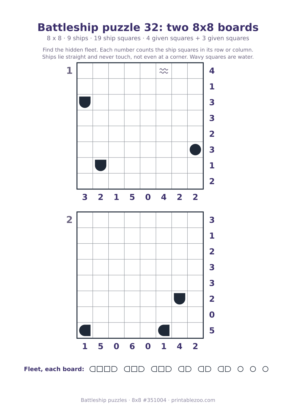 Printable battleship puzzle sheet with two 8x8 boards of 9 ships each, puzzle 351004