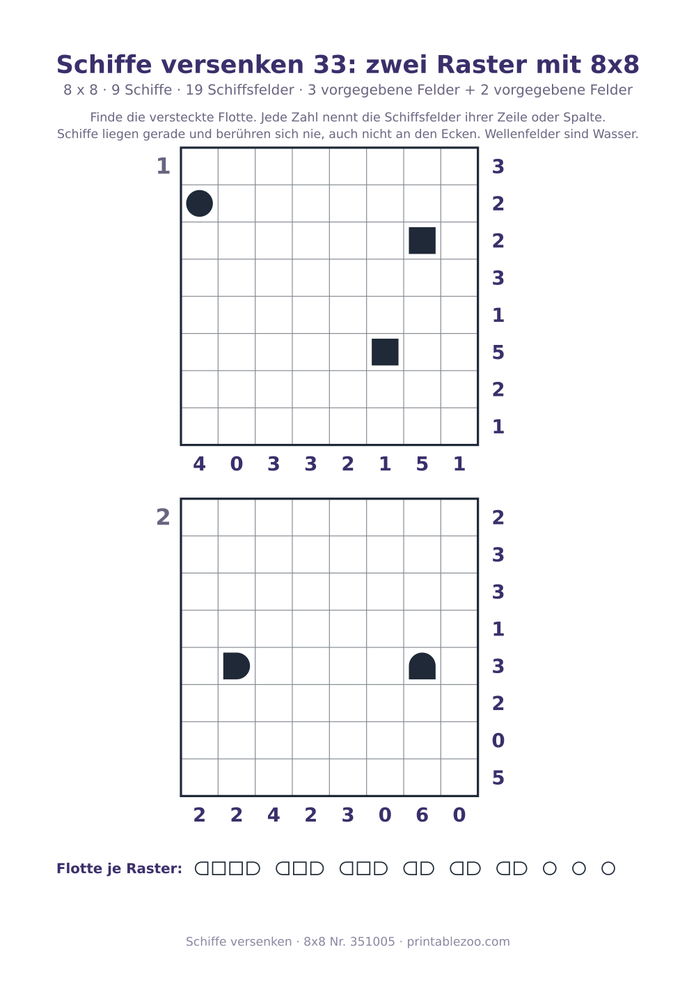 Schiffe-versenken-Rätsel zum Ausdrucken, zwei Raster 8x8 mit je 9 Schiffen, Rätsel 351005