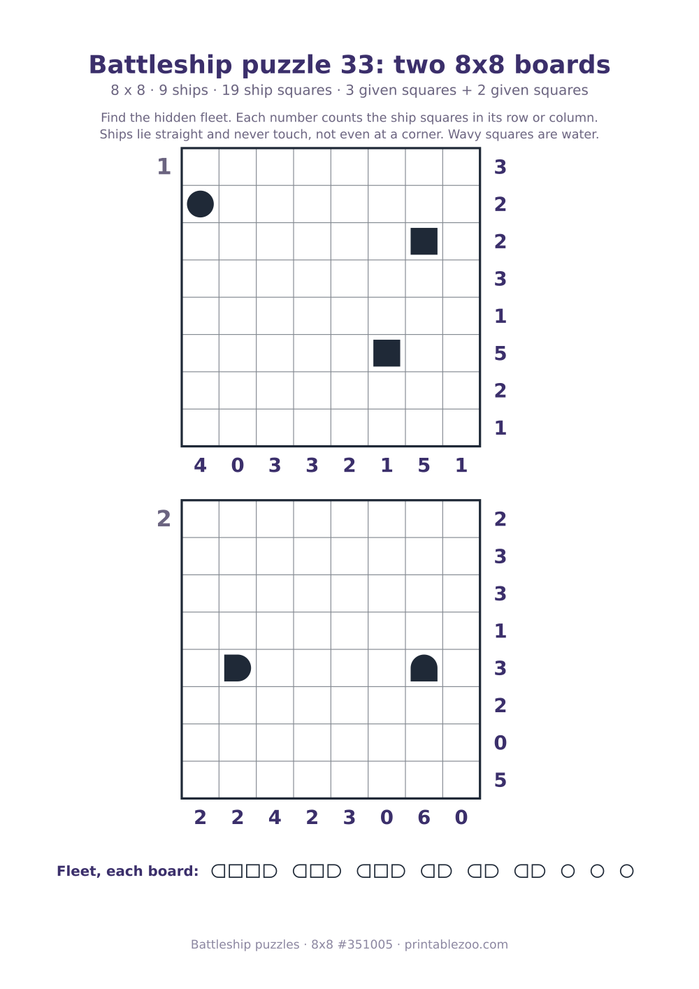 Printable battleship puzzle sheet with two 8x8 boards of 9 ships each, puzzle 351005
