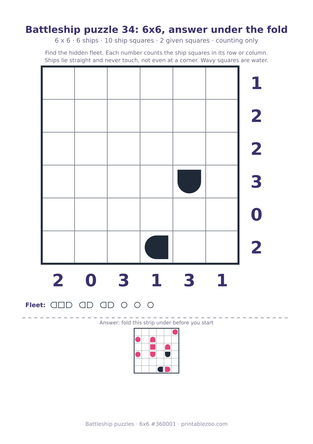 Printable battleship puzzle, 6x6 with the answer under a fold line, 6 ships, puzzle 360001