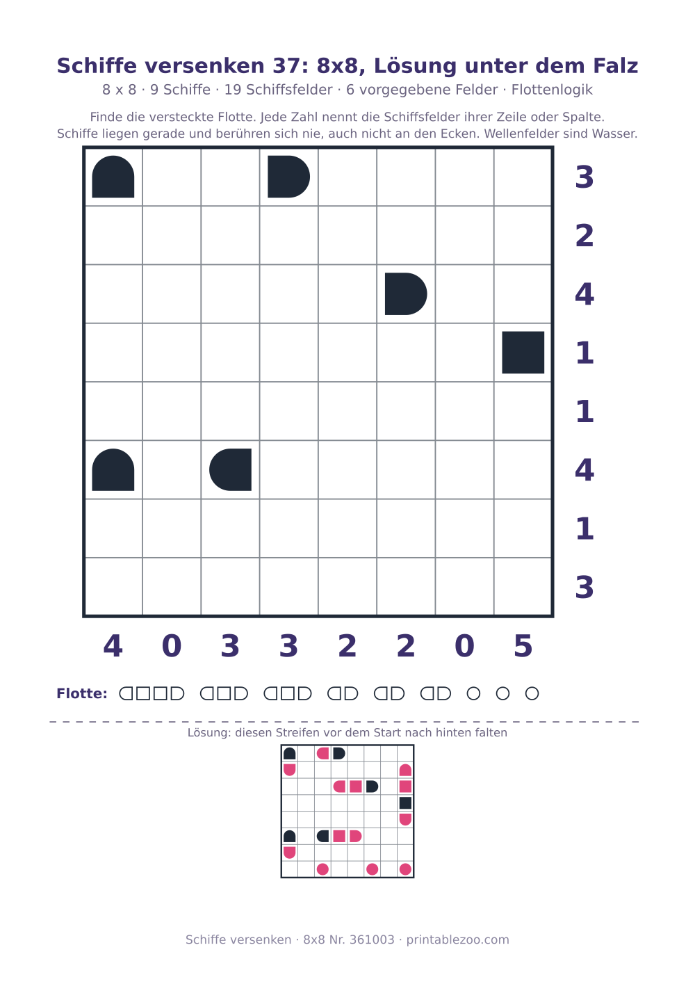 Schiffe-versenken-Rätsel zum Ausdrucken, 8x8 mit Lösung unter dem Falz, 9 Schiffe, Rätsel 361003