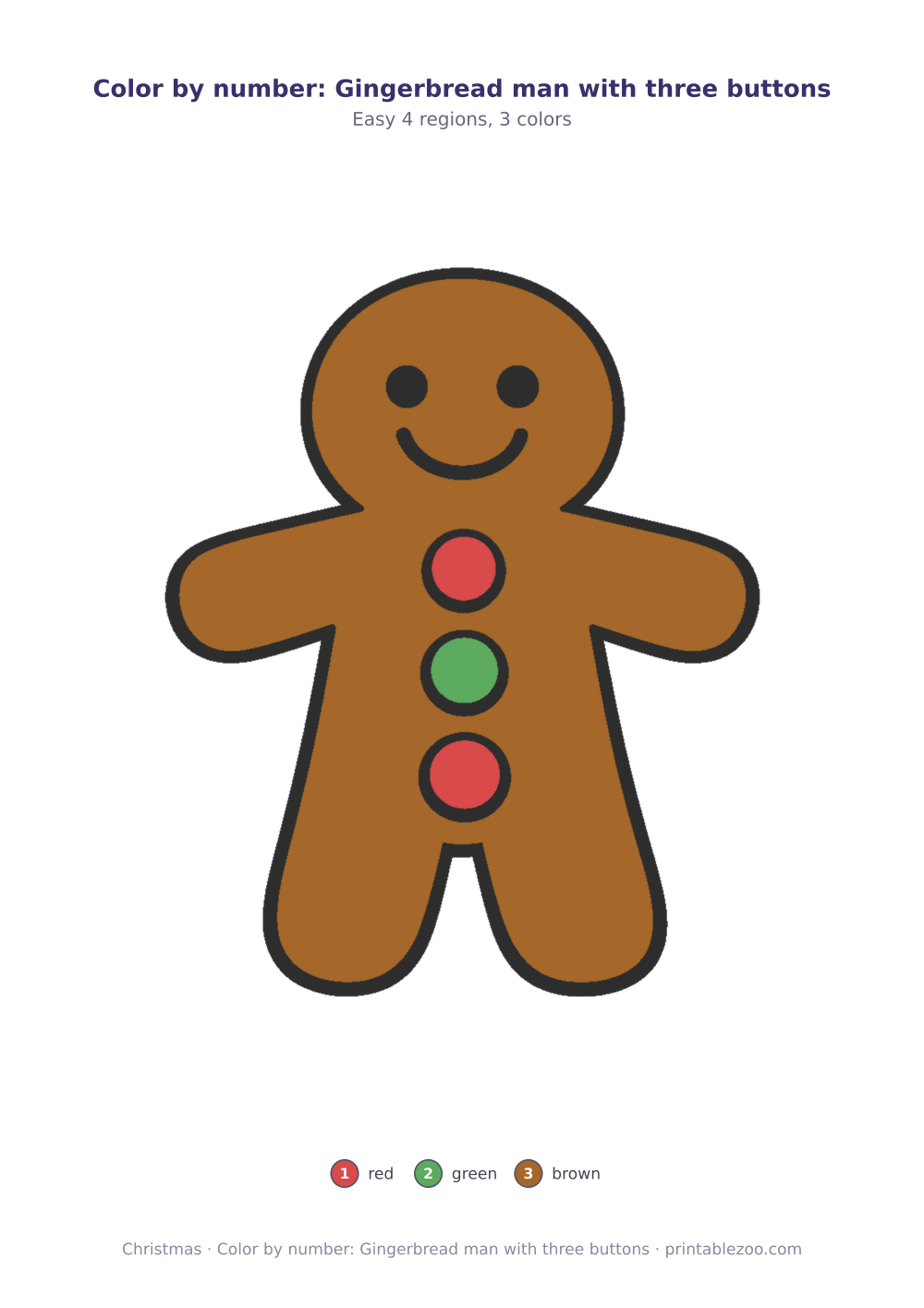 Christmas color by number printable: gingerbread man with three buttons, 4 numbered regions and 3 colors