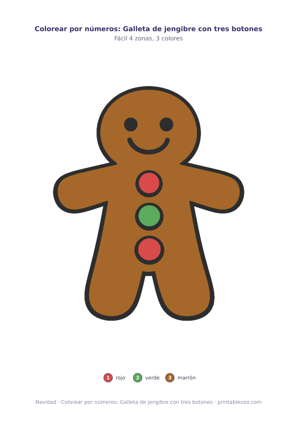 Dibujo de Navidad para colorear por números: galleta de jengibre con tres botones, 4 zonas numeradas y 3 colores