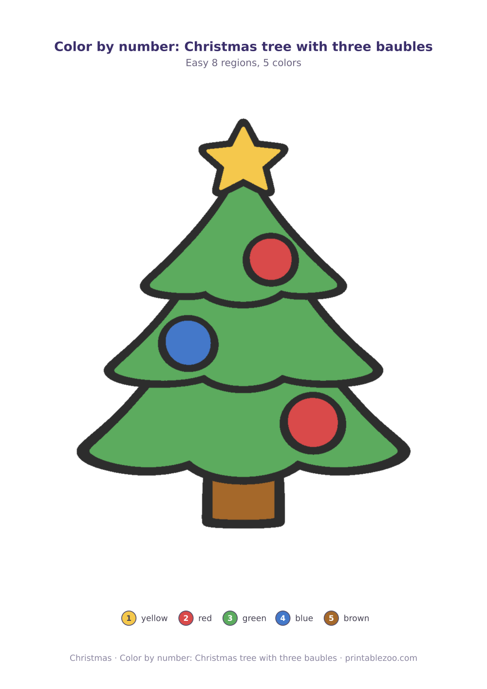 Christmas color by number printable: christmas tree with three baubles, 8 numbered regions and 5 colors