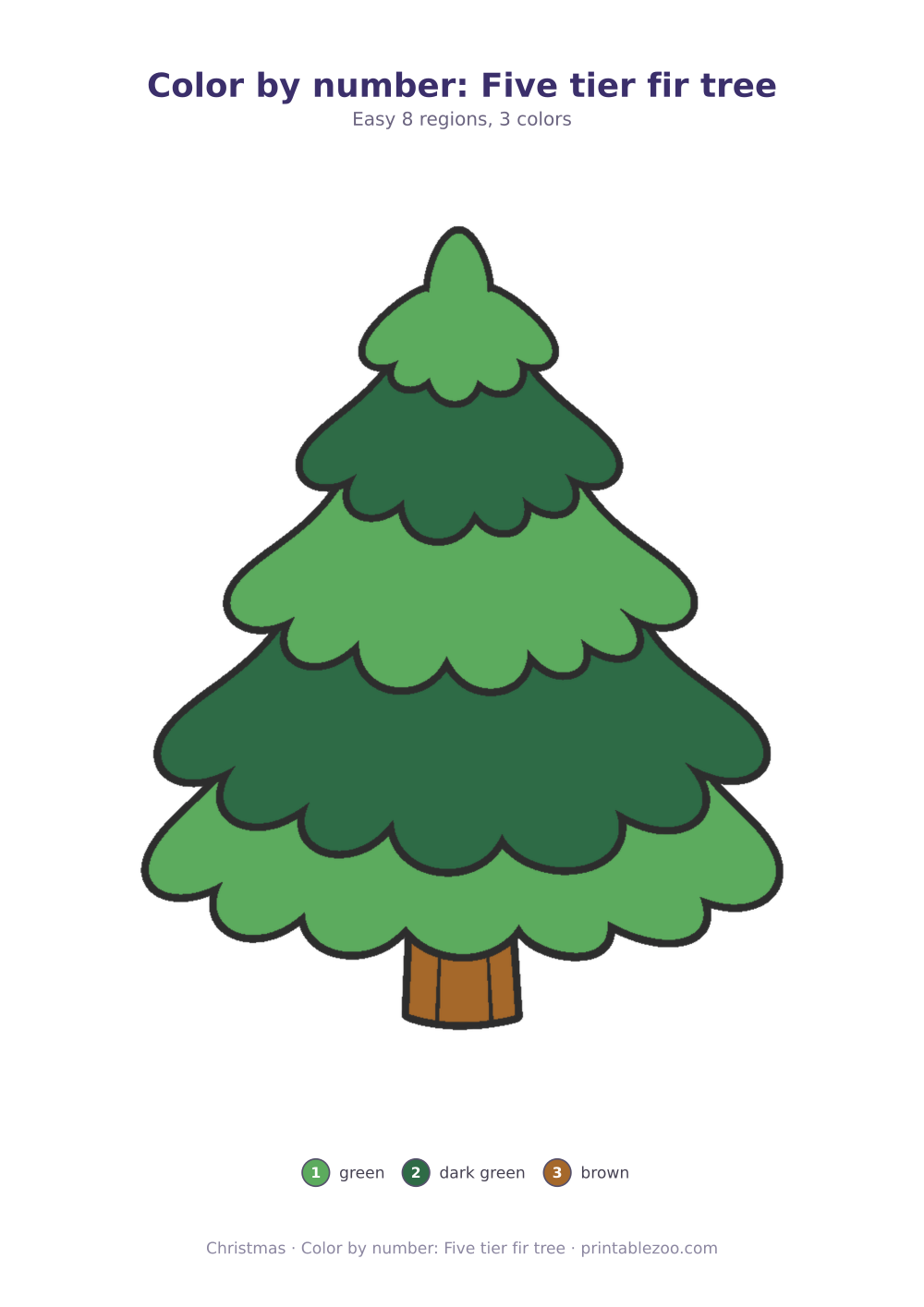 Christmas color by number printable: five tier fir tree, 8 numbered regions and 3 colors