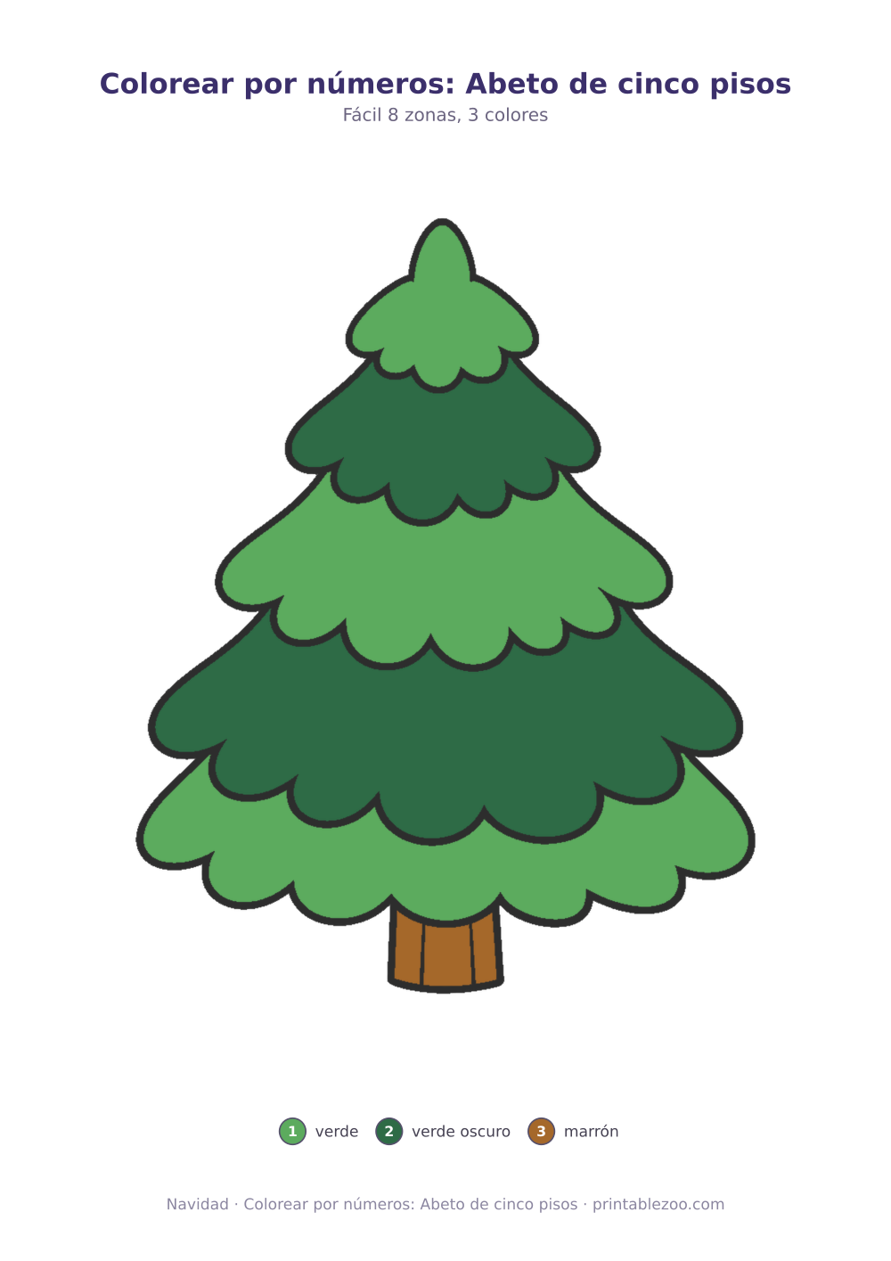 Dibujo de Navidad para colorear por números: abeto de cinco pisos, 8 zonas numeradas y 3 colores