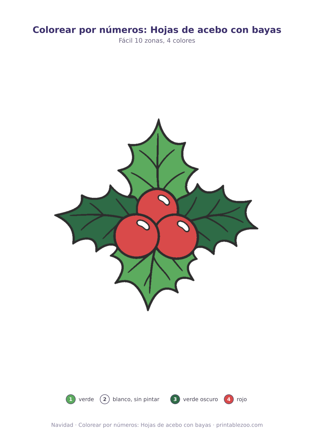 Dibujo de Navidad para colorear por números: hojas de acebo con bayas, 10 zonas numeradas y 4 colores