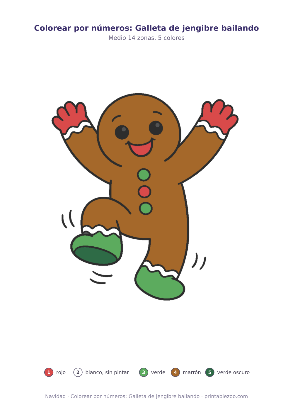 Dibujo de Navidad para colorear por números: galleta de jengibre bailando, 14 zonas numeradas y 5 colores