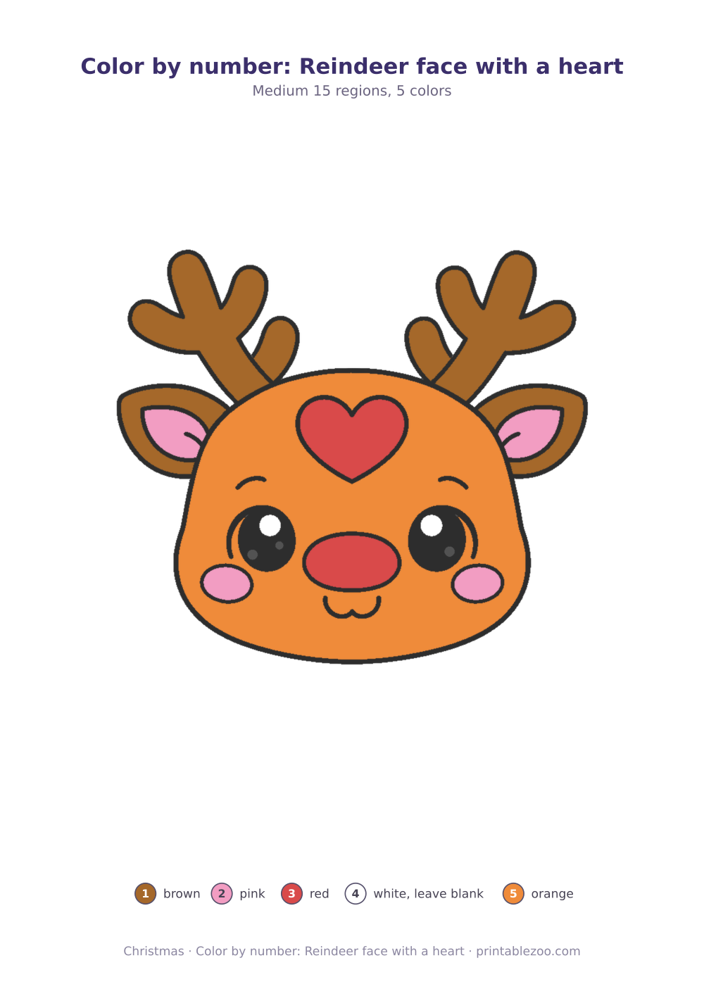 Christmas color by number printable: reindeer face with a heart, 15 numbered regions and 5 colors