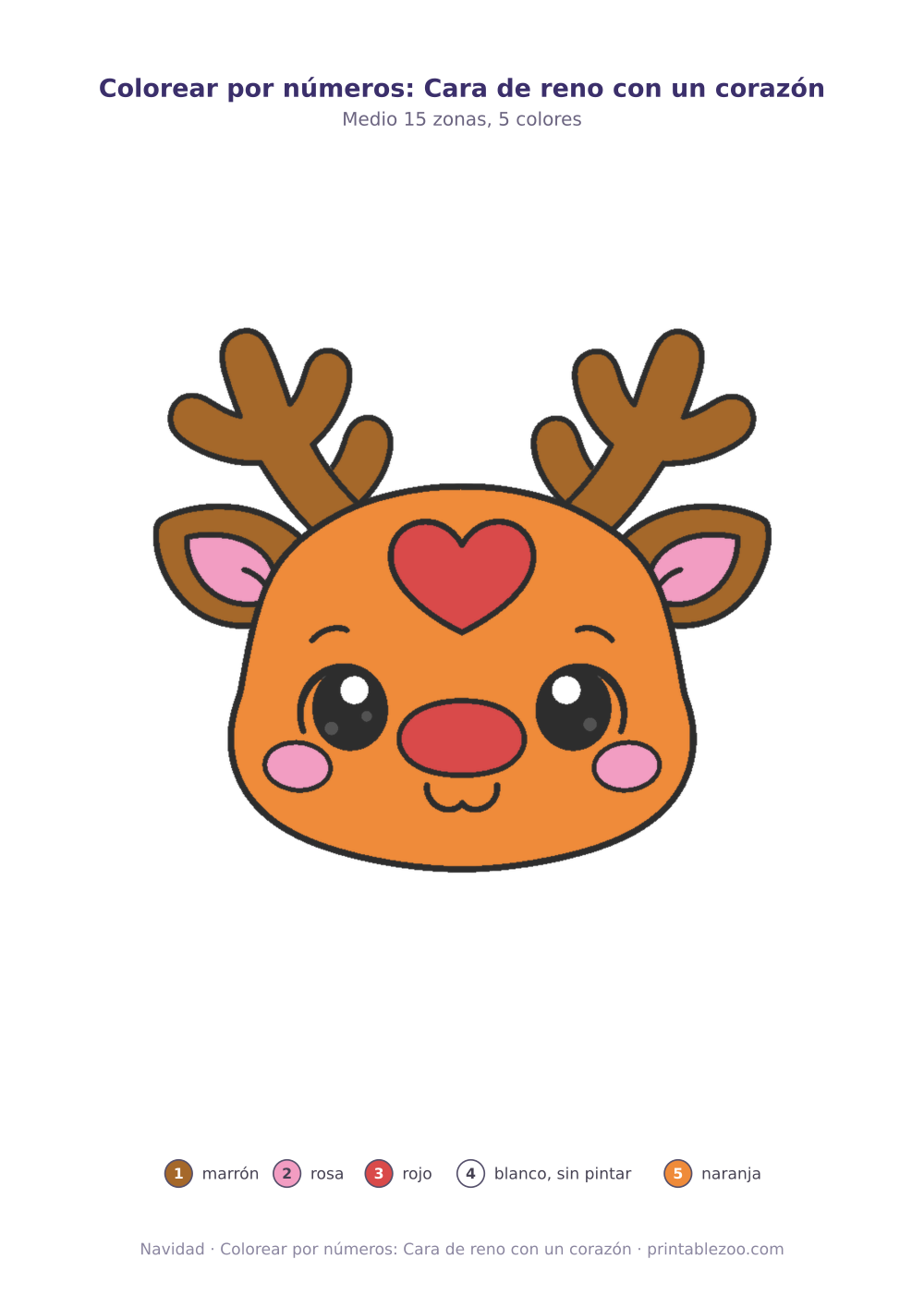 Dibujo de Navidad para colorear por números: cara de reno con un corazón, 15 zonas numeradas y 5 colores