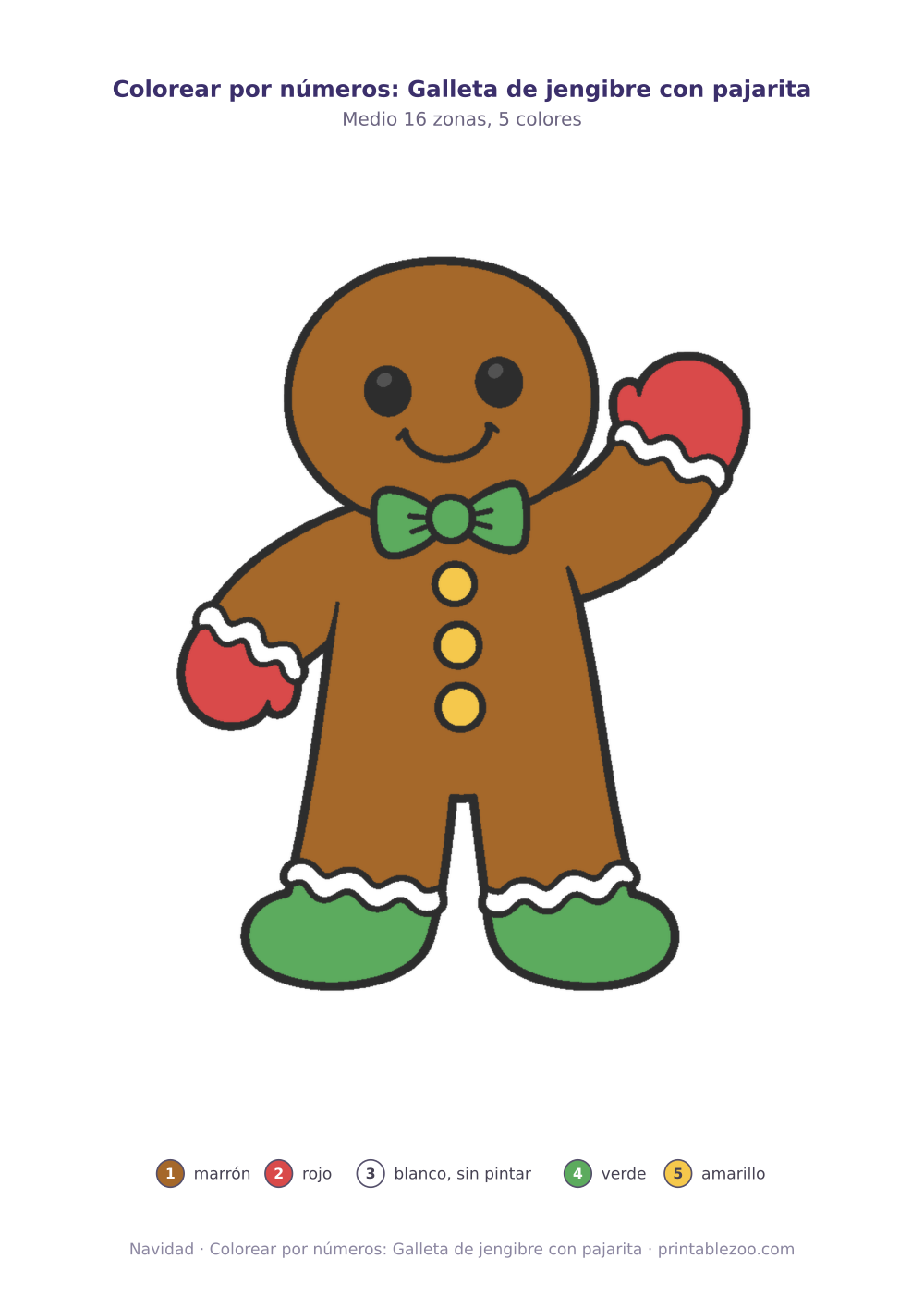 Dibujo de Navidad para colorear por números: galleta de jengibre con pajarita, 16 zonas numeradas y 5 colores