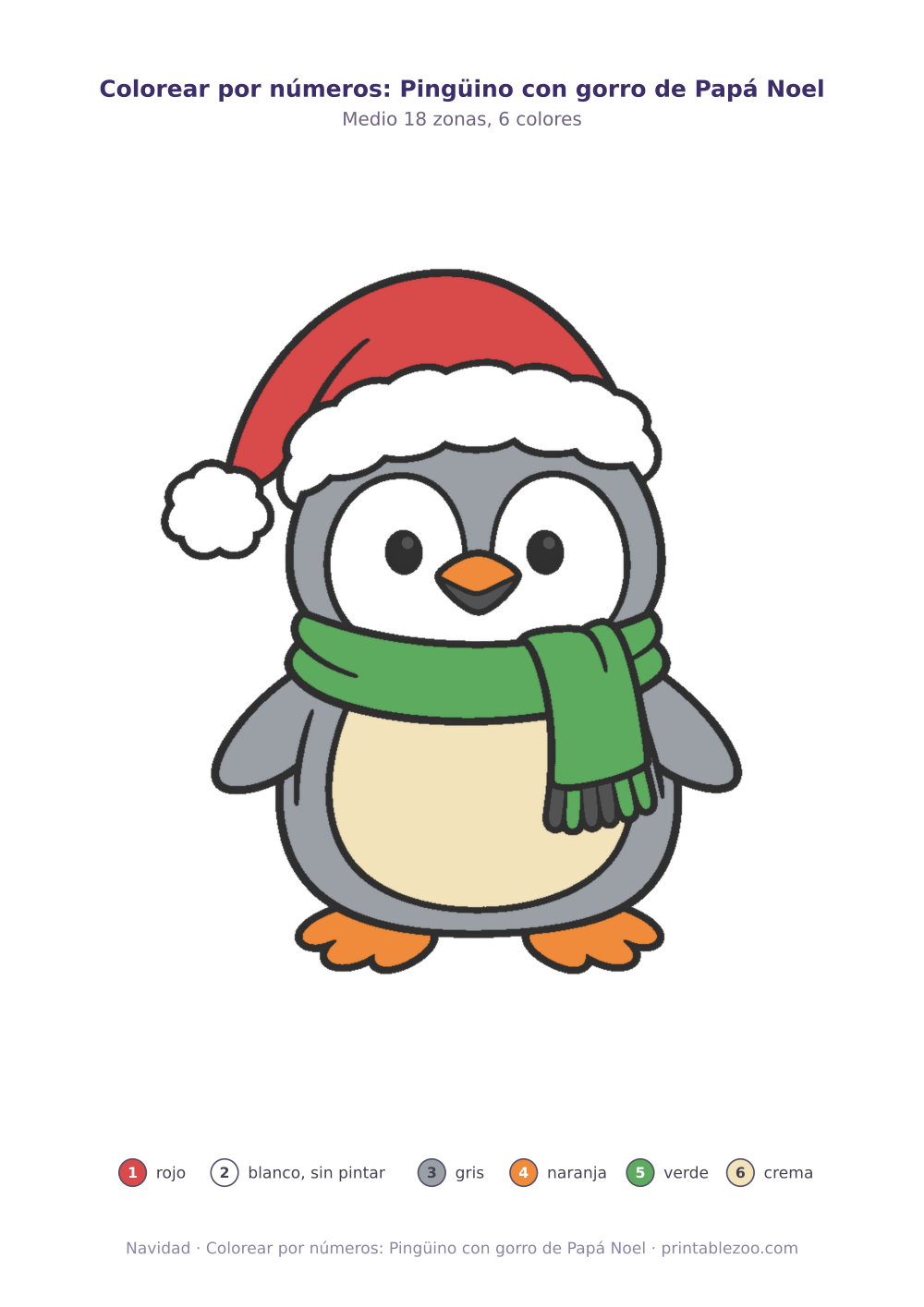 Dibujo de Navidad para colorear por números: pingüino con gorro de Papá Noel, 18 zonas numeradas y 6 colores