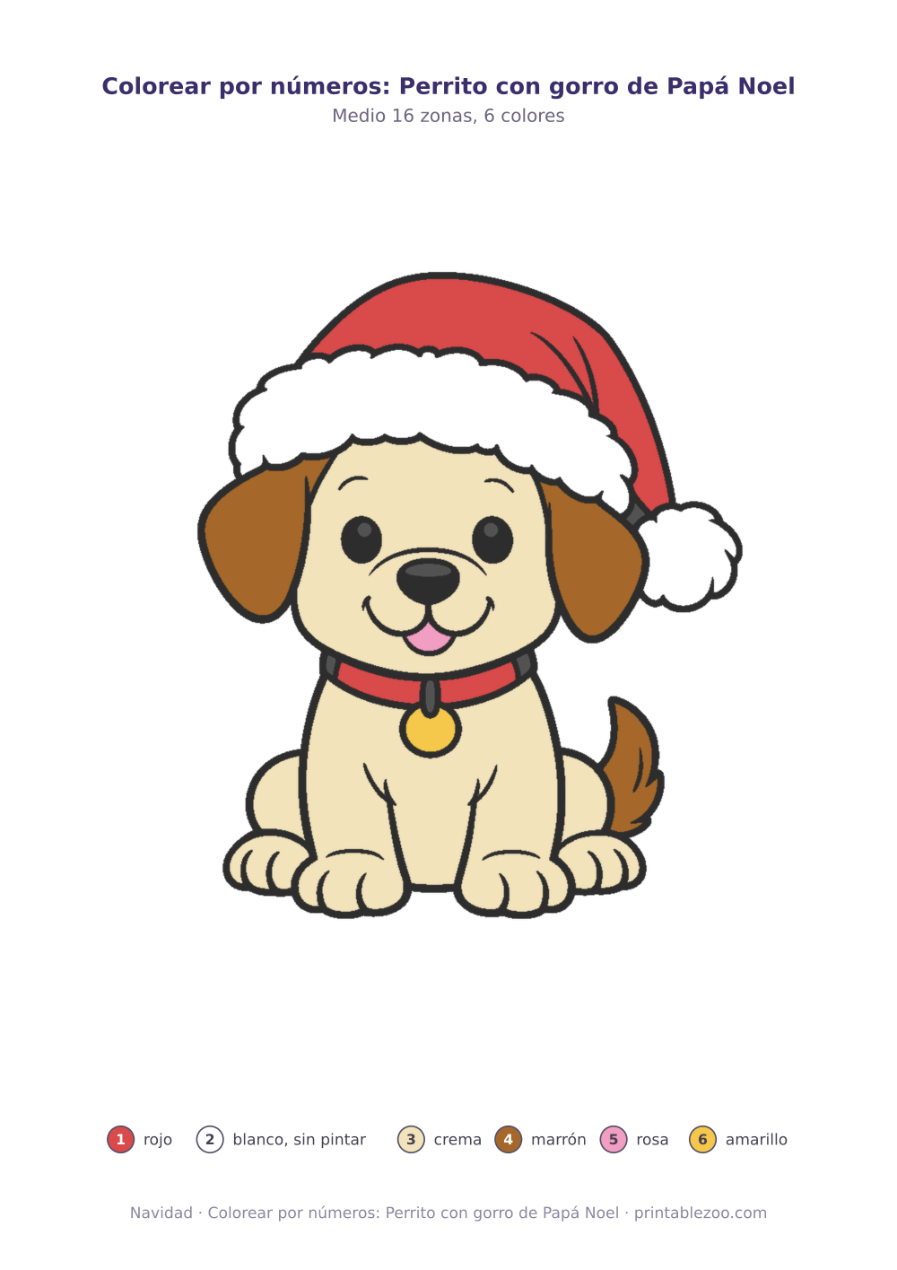 Dibujo de Navidad para colorear por números: perrito con gorro de Papá Noel, 16 zonas numeradas y 6 colores