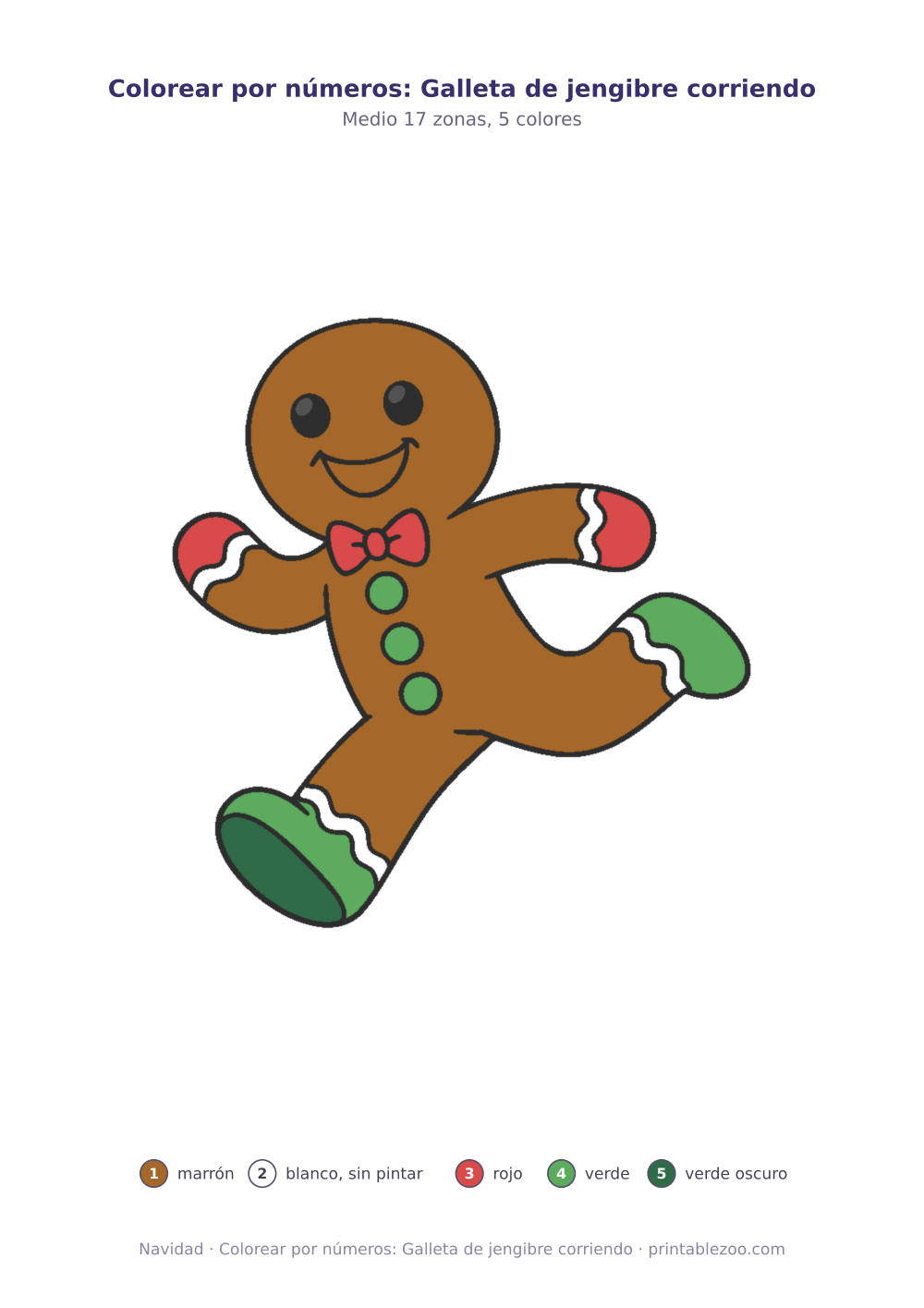 Dibujo de Navidad para colorear por números: galleta de jengibre corriendo, 17 zonas numeradas y 5 colores