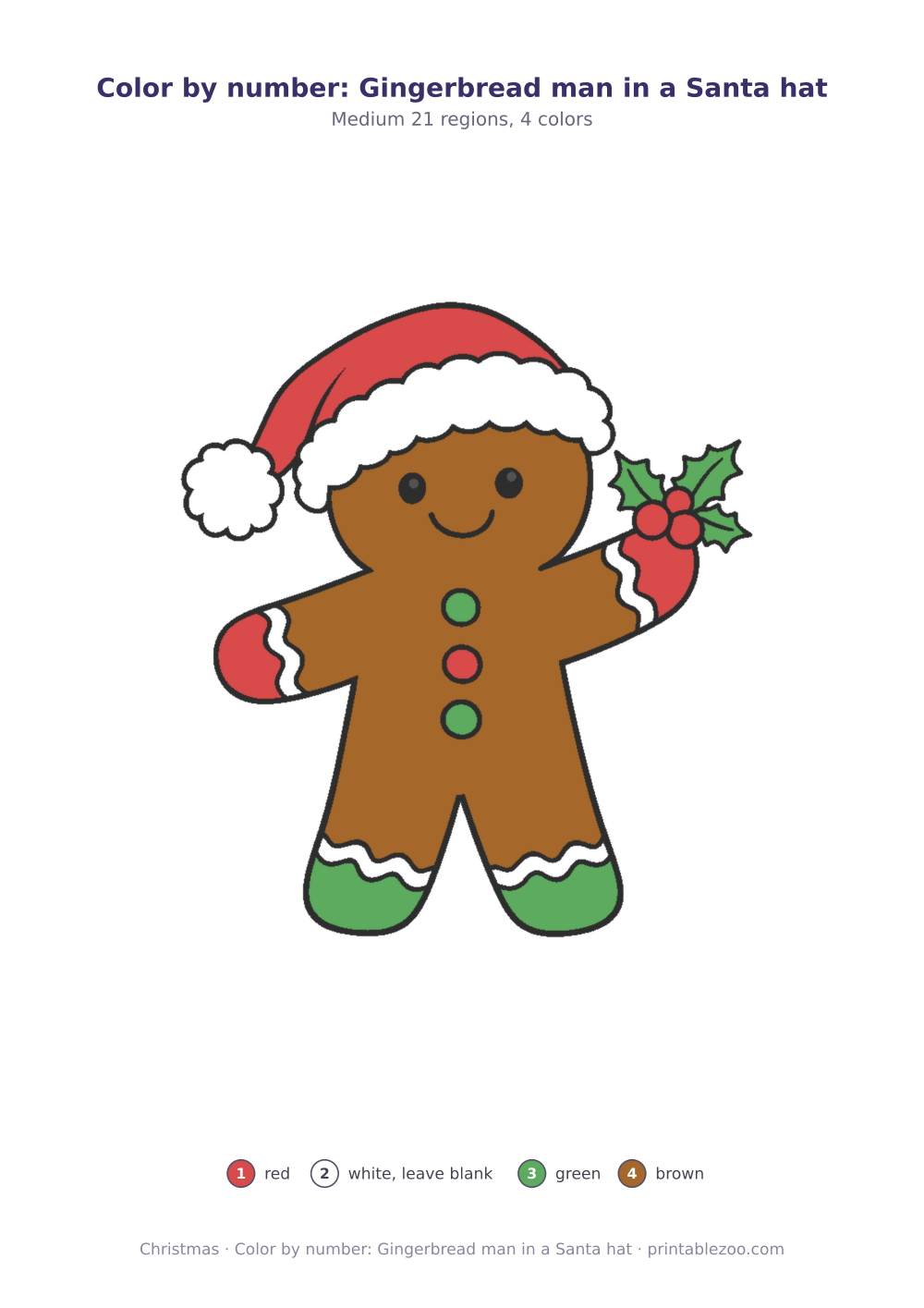 Christmas color by number printable: gingerbread man in a Santa hat, 21 numbered regions and 4 colors