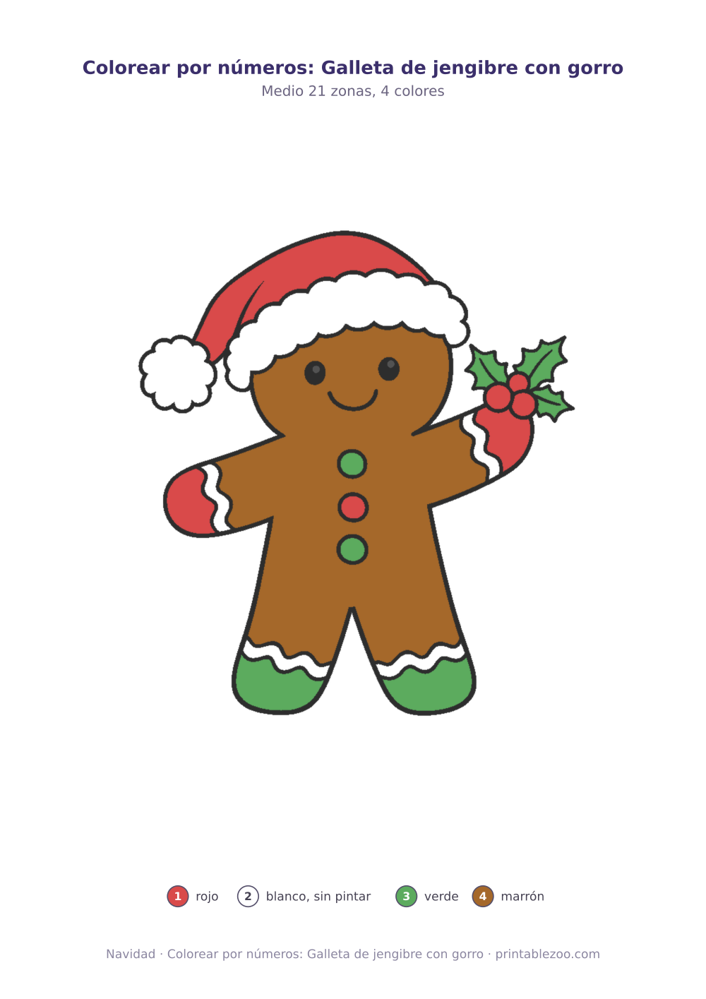Dibujo de Navidad para colorear por números: galleta de jengibre con gorro, 21 zonas numeradas y 4 colores