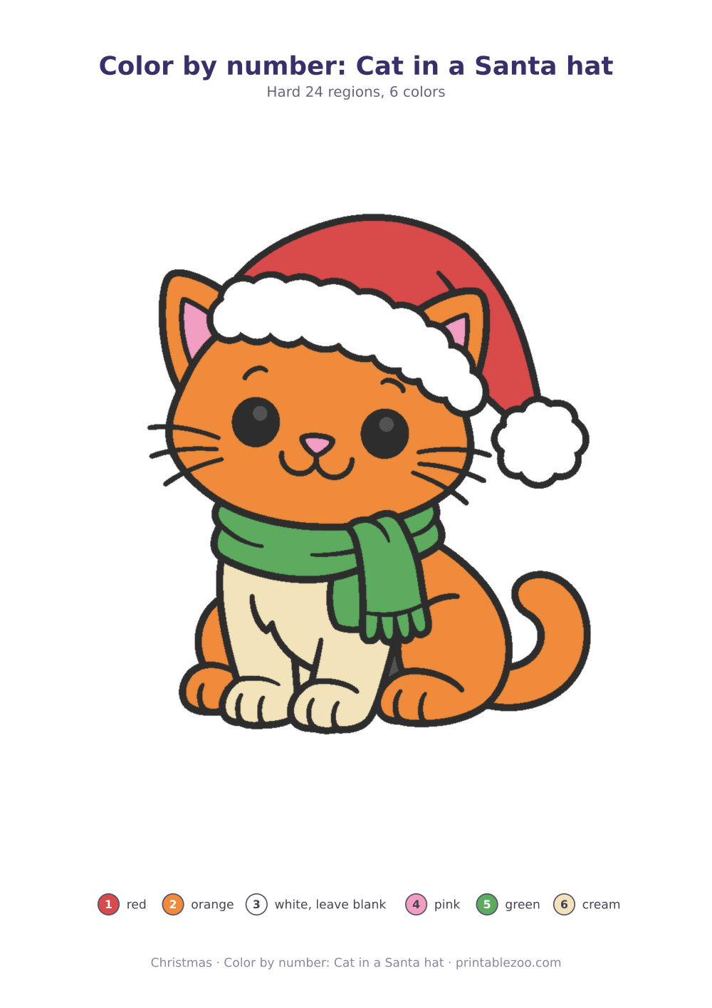 Christmas color by number printable: cat in a Santa hat, 24 numbered regions and 6 colors