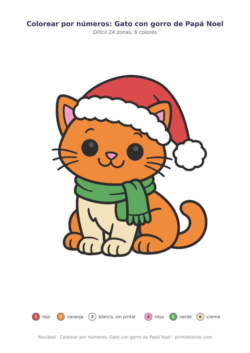 Dibujo de Navidad para colorear por números: gato con gorro de Papá Noel, 24 zonas numeradas y 6 colores
