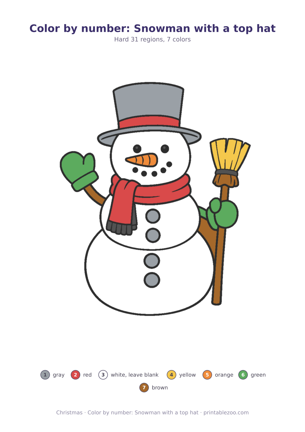 Christmas color by number printable: snowman with a top hat, 31 numbered regions and 7 colors