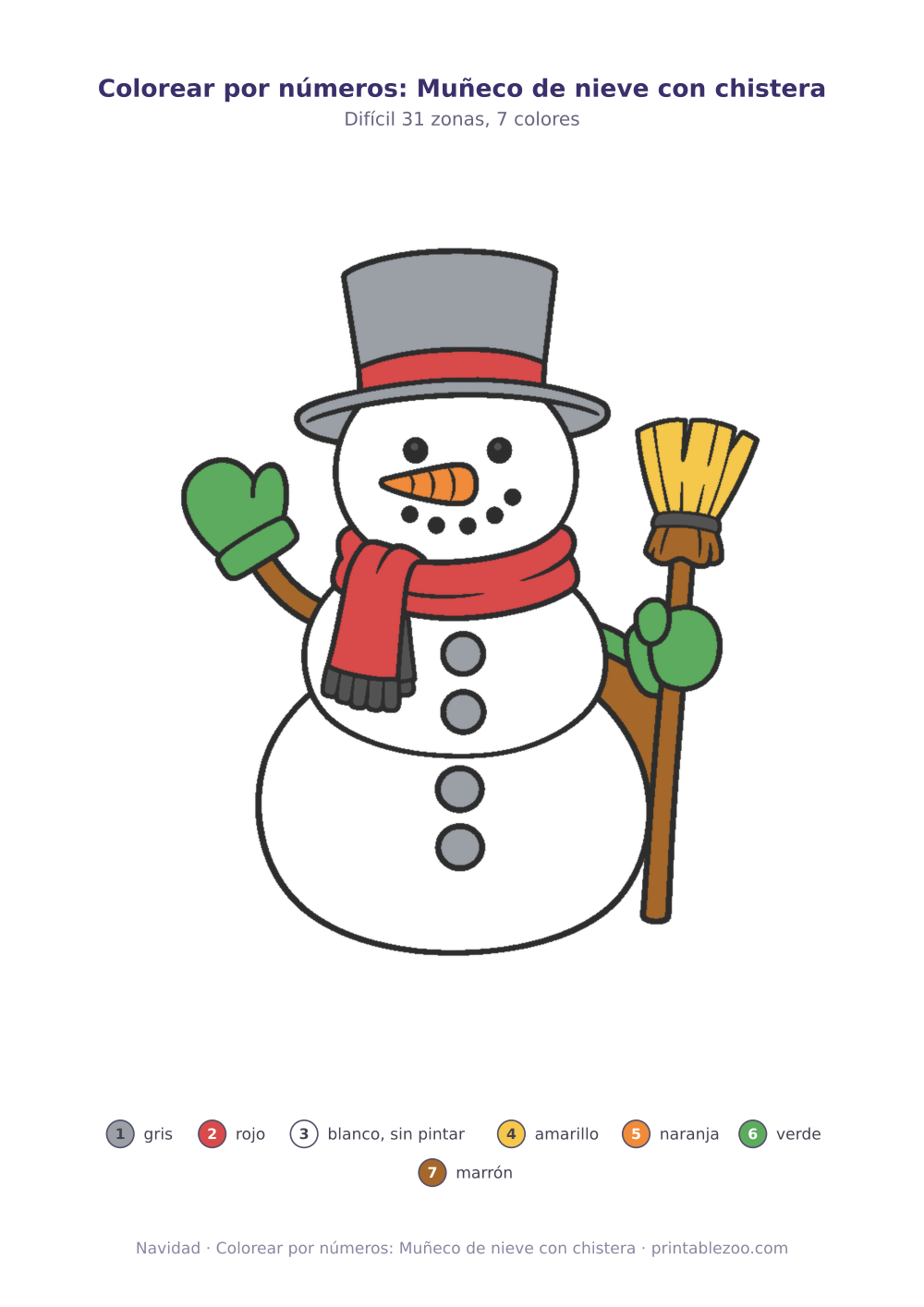 Dibujo de Navidad para colorear por números: muñeco de nieve con chistera, 31 zonas numeradas y 7 colores