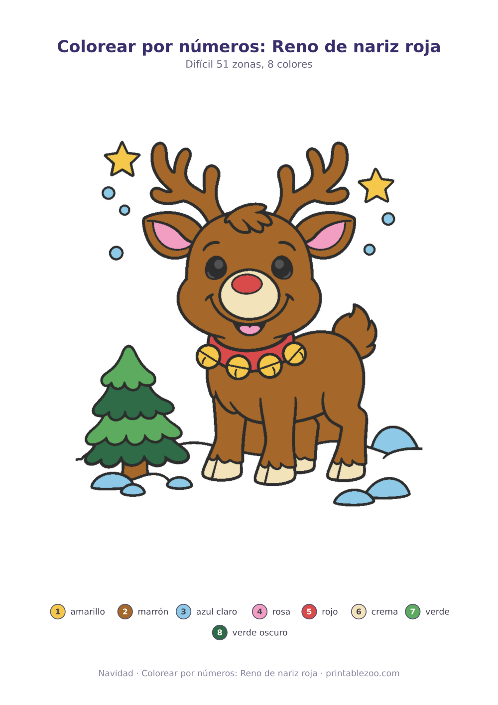 Dibujo de Navidad para colorear por números: reno de nariz roja, 51 zonas numeradas y 8 colores