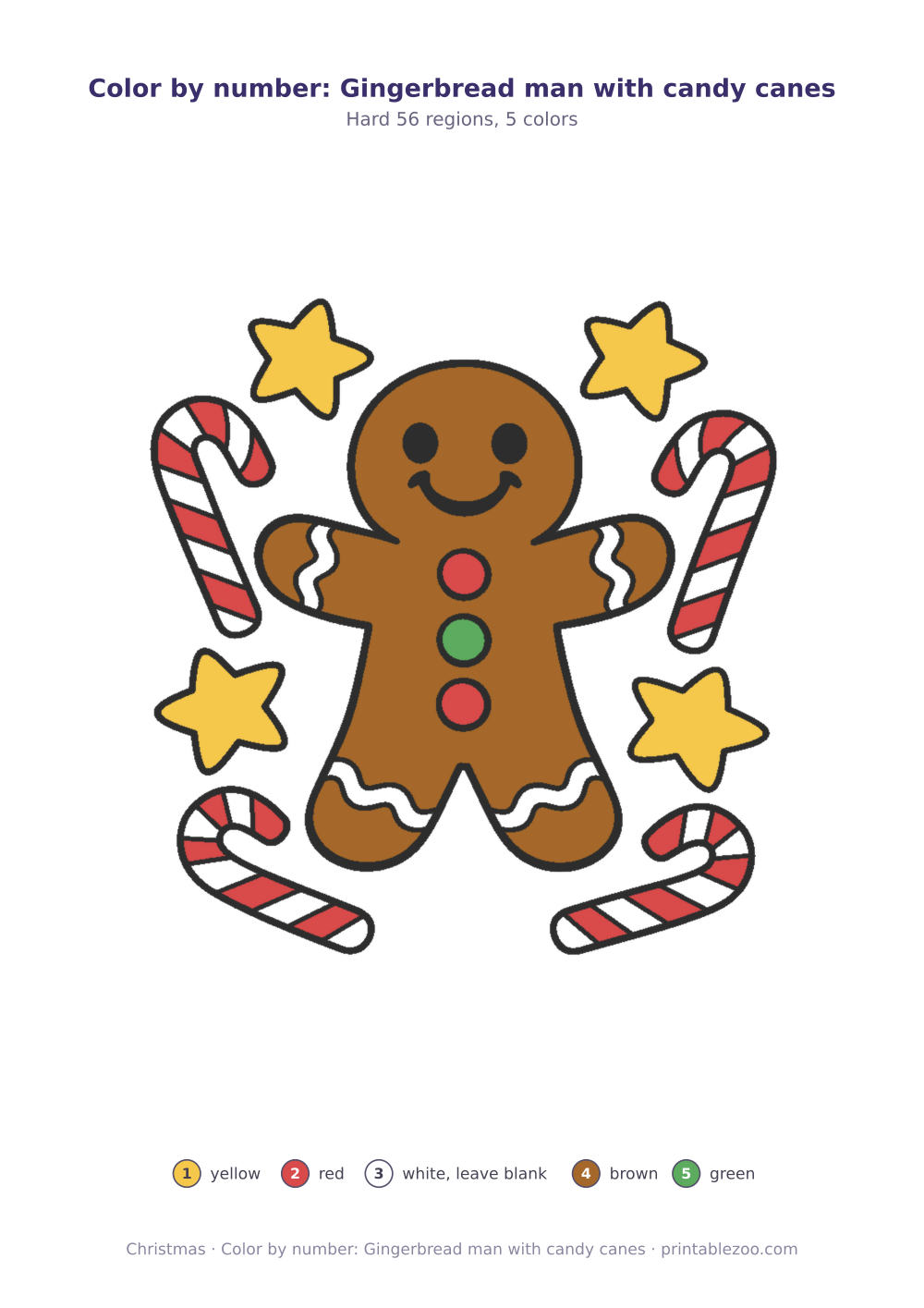 Christmas color by number printable: gingerbread man with candy canes, 56 numbered regions and 5 colors