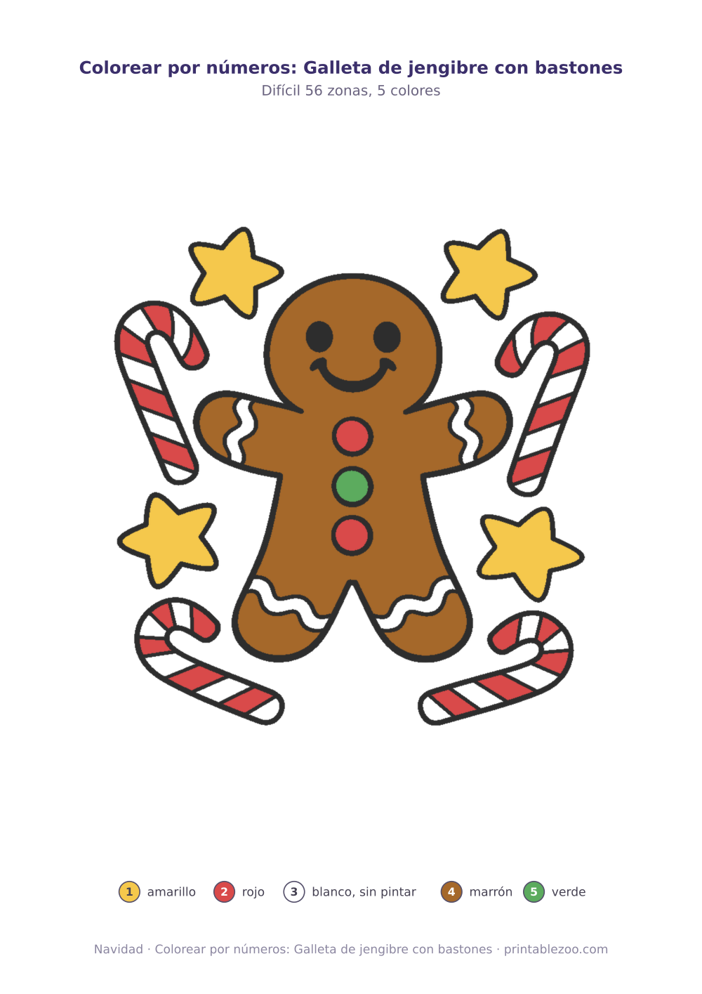 Dibujo de Navidad para colorear por números: galleta de jengibre con bastones, 56 zonas numeradas y 5 colores
