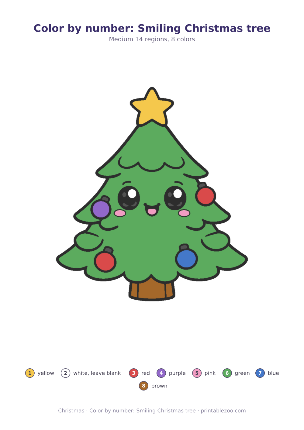 Christmas color by number printable: smiling Christmas tree, 14 numbered regions and 8 colors