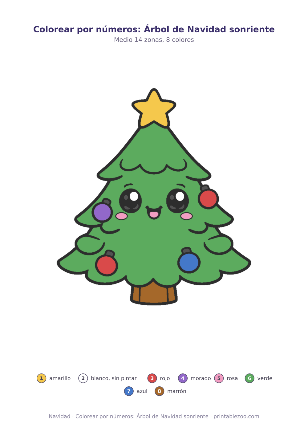 Dibujo de Navidad para colorear por números: árbol de Navidad sonriente, 14 zonas numeradas y 8 colores