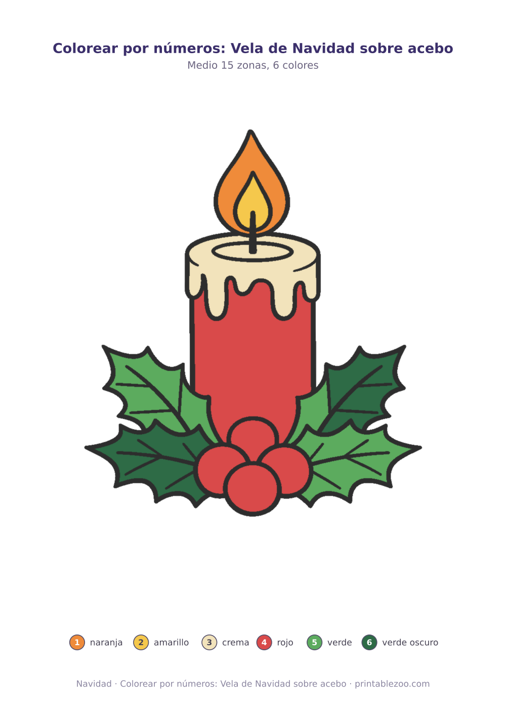 Dibujo de Navidad para colorear por números: vela de Navidad sobre acebo, 15 zonas numeradas y 6 colores