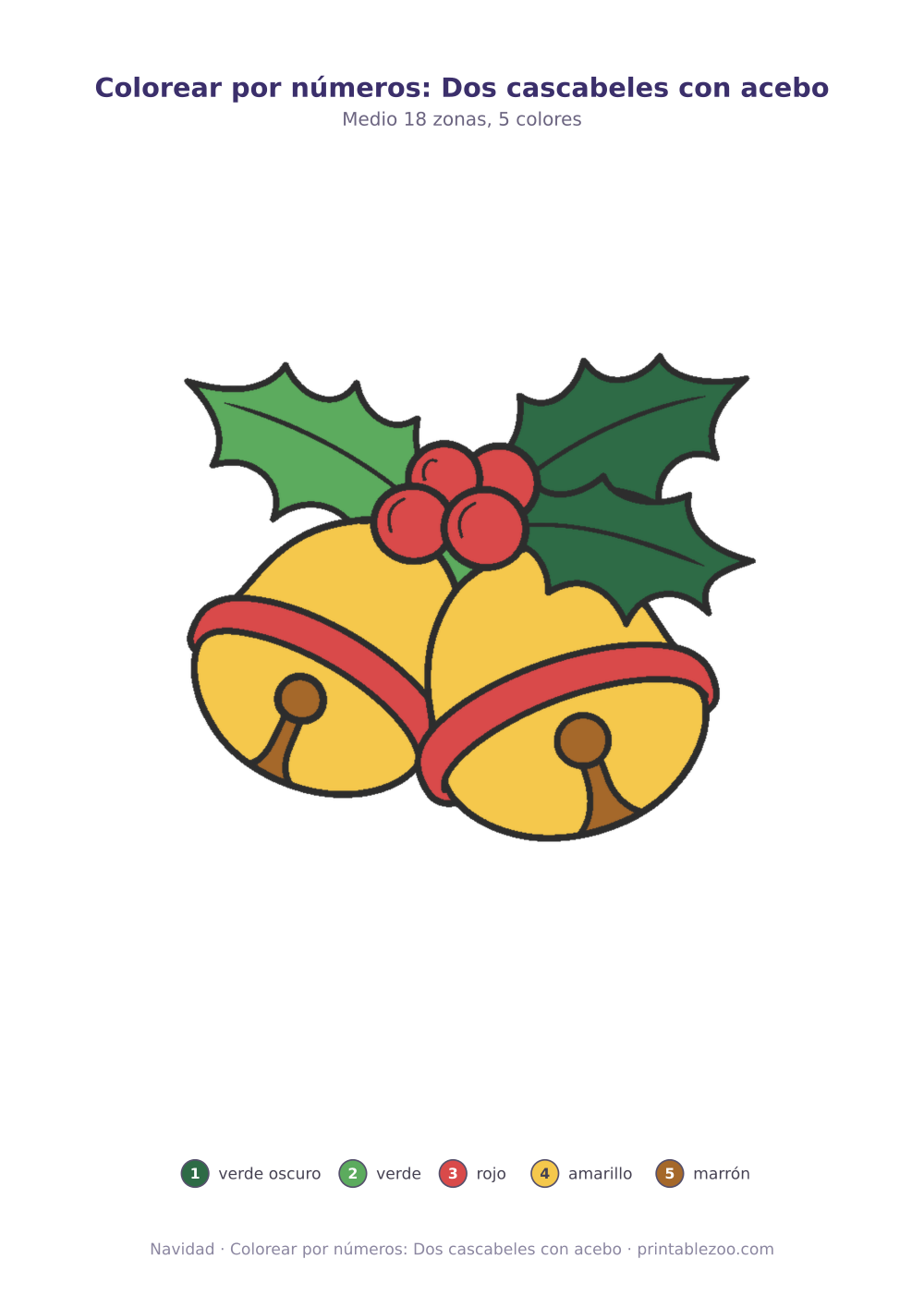 Dibujo de Navidad para colorear por números: dos cascabeles con acebo, 18 zonas numeradas y 5 colores