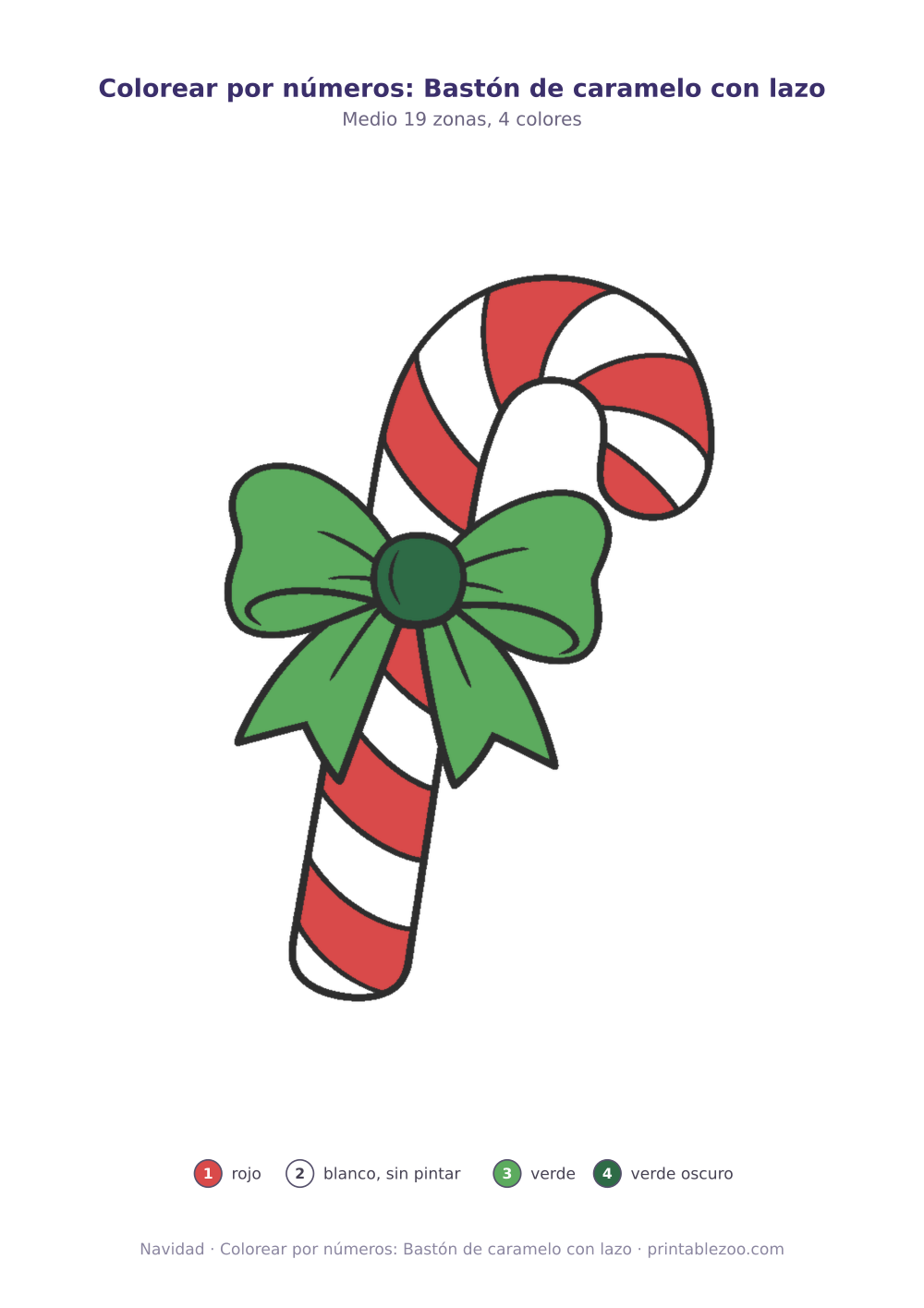Dibujo de Navidad para colorear por números: bastón de caramelo con lazo, 19 zonas numeradas y 4 colores
