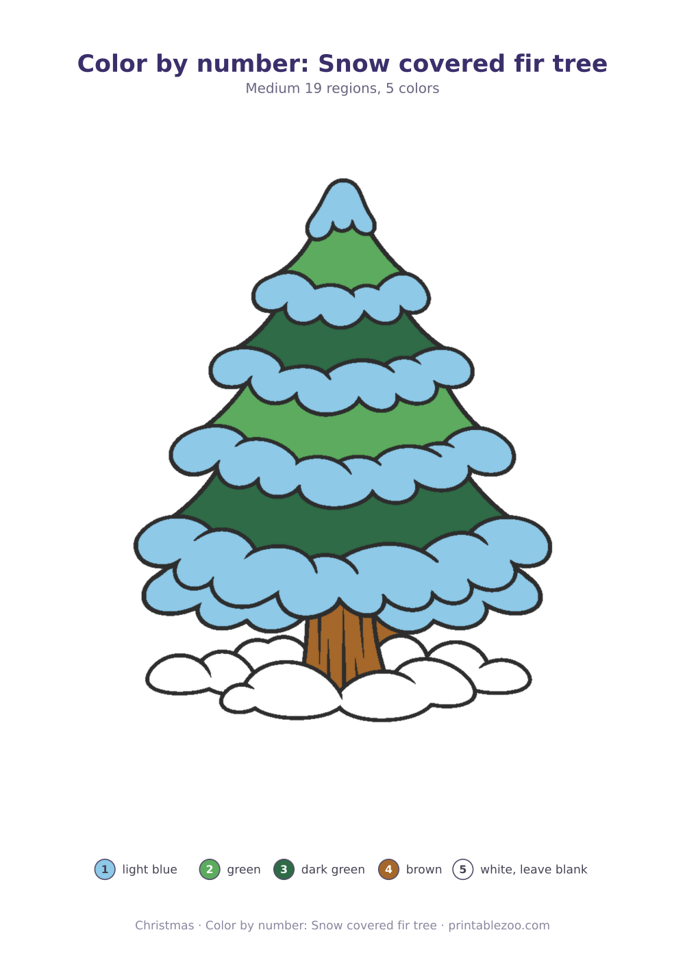 Christmas color by number printable: snow covered fir tree, 19 numbered regions and 5 colors