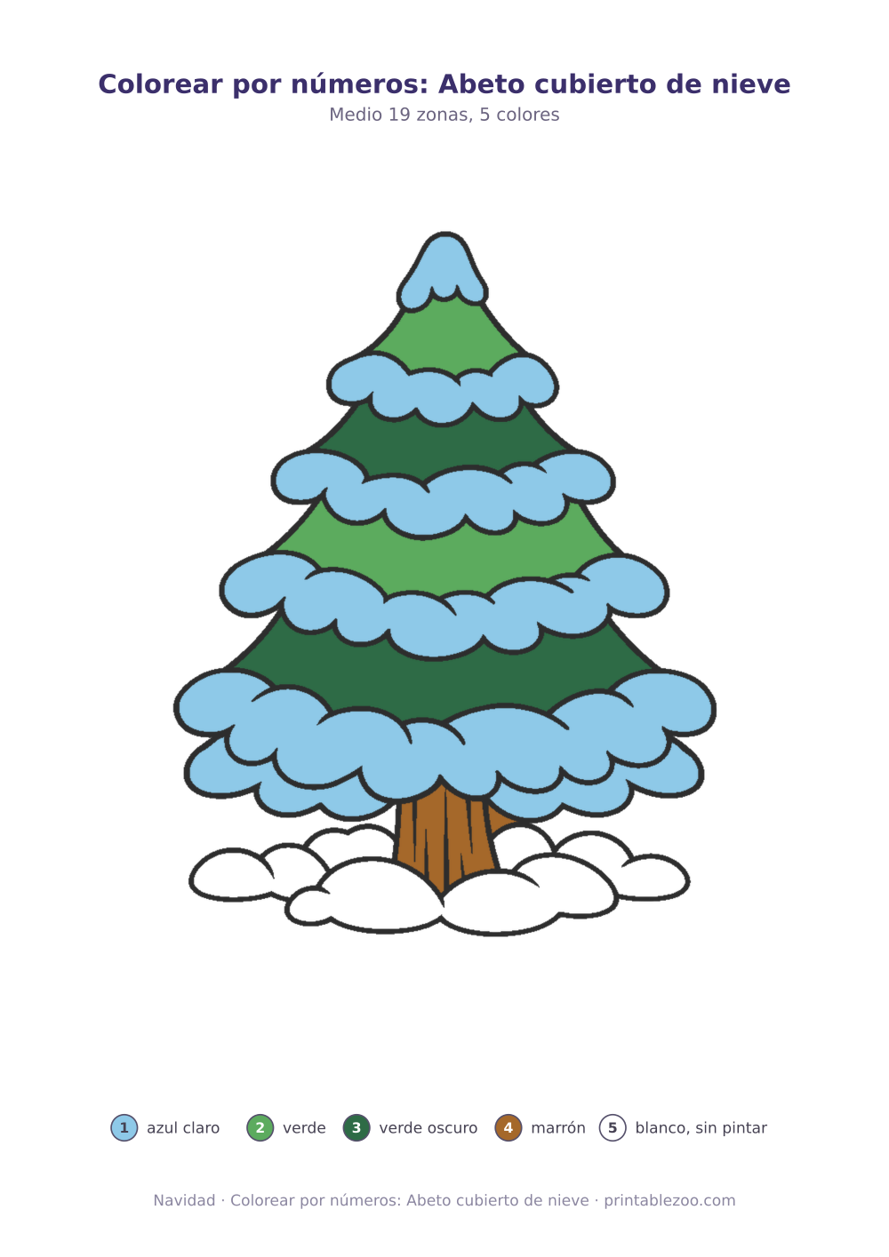 Dibujo de Navidad para colorear por números: abeto cubierto de nieve, 19 zonas numeradas y 5 colores
