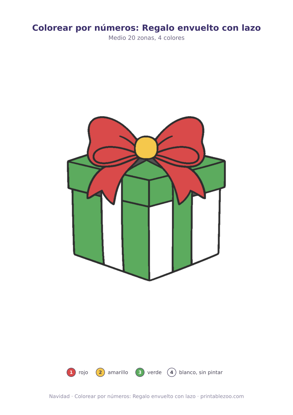Dibujo de Navidad para colorear por números: regalo envuelto con lazo, 20 zonas numeradas y 4 colores