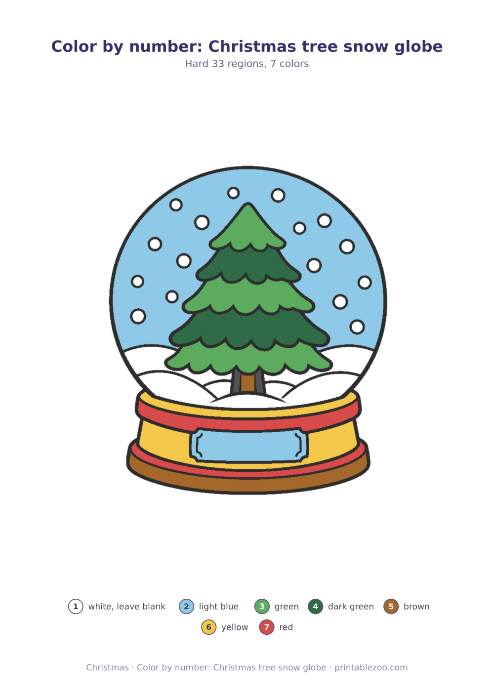Christmas color by number printable: christmas tree snow globe, 33 numbered regions and 7 colors