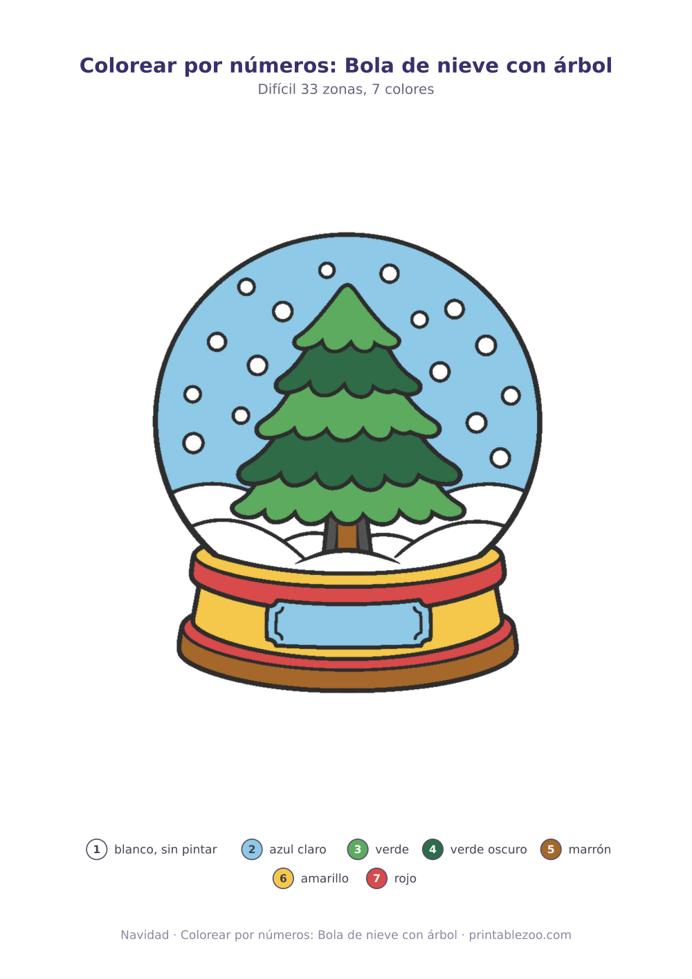 Dibujo de Navidad para colorear por números: bola de nieve con árbol, 33 zonas numeradas y 7 colores